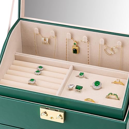 Miniatura 7 de Vlando Caja organizadora de joyas de terciopelo grande, caja de almacenamiento de joyas de 5 capas con espejo y cerradura, bandeja apilable y 3