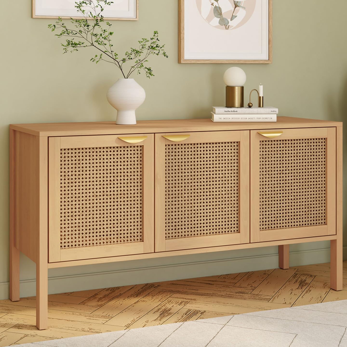 IDMarket EDHEN - Aparador bajo (110 cm, 3 puertas, madera y cannado)