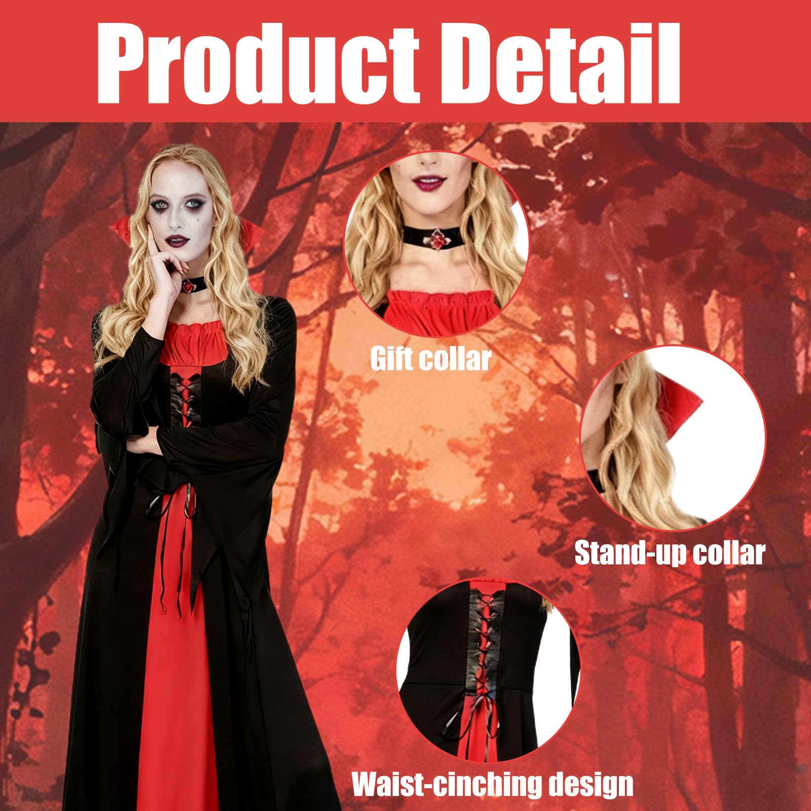 Meriviva Womens Vampire Costume, Halloween Vampire Dress Set including Collar, Witch Costume for Halloween Carnival Party Dress Up (XL) - Image 2
