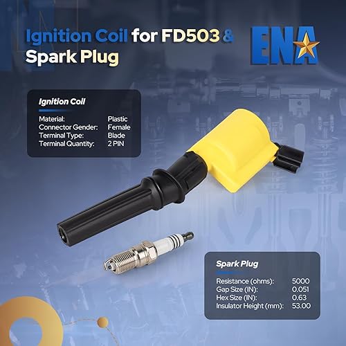 Miniatura 2 de ENA Paquete de 8 bobinas de encendido amarillas y bujías compatibles con Mercury Ford Mustang Crown Victoria F150 E150 E250 Expedition Explorer