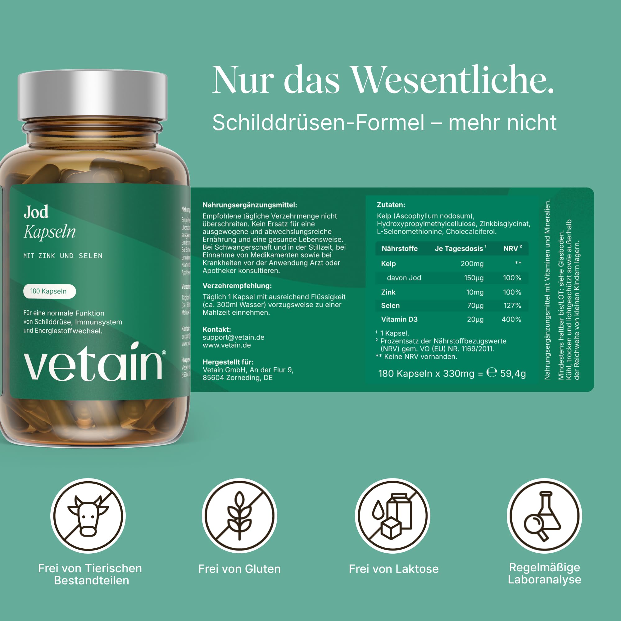 VETAIN Jod Komplex Schilddrüse - 150µg Jod aus Meeresalge Kelp, Selen, Zink, Vitamin D3-180 Kapseln - 6 Monate Vorrat - hochdosiert, vegan & ohne Zusätze - produziert in Deutschland