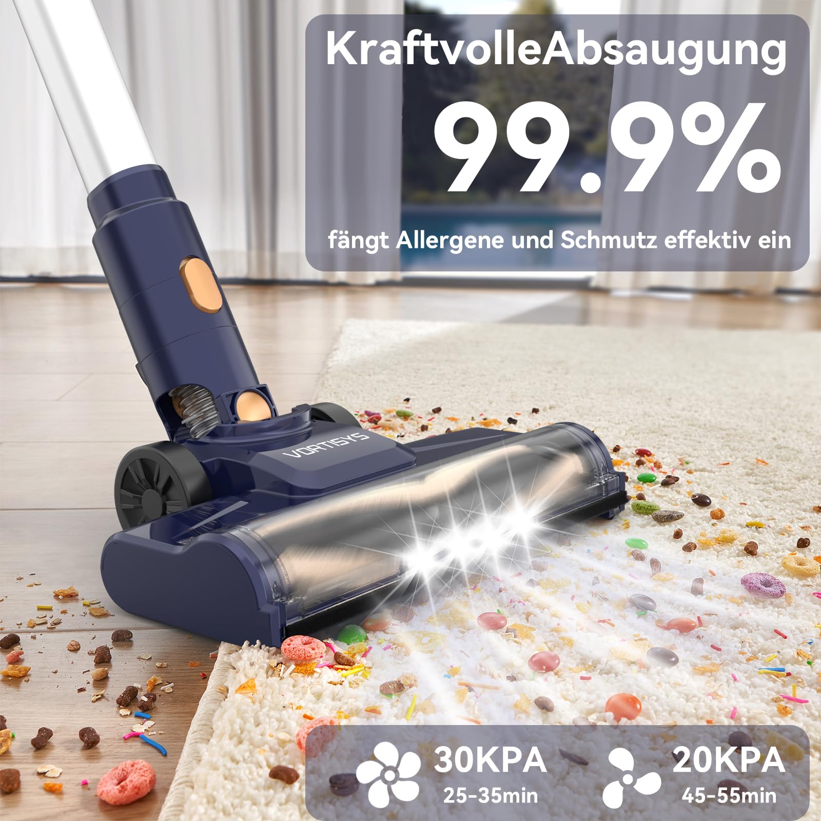 Aspiradora sin Cable 55KPa/350W, Aspirador Escoba sin Cable con 4×HEPA, Cepillo Anti-Enredos en V, Aspiradora para Pelo de Mascotas/Alfombras/Suelos Duros