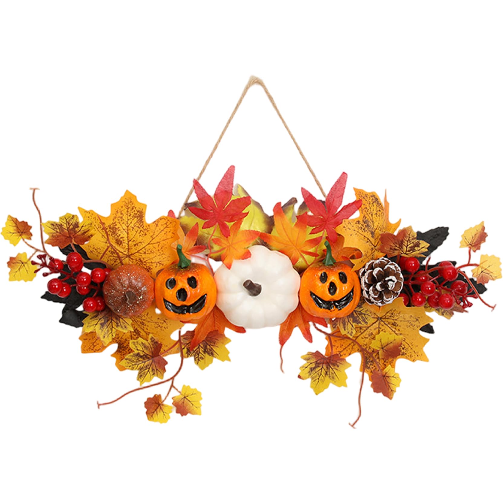 Halloween Door Decorations, Pumpkin Berries Maple Leaf Front Door Sign Halloween Wreath for Autumn Thanksgiving Harvest Farmhouse Home