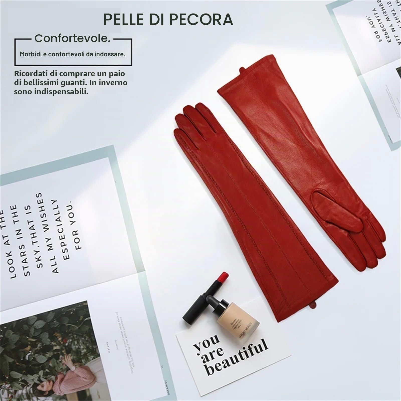 Guanti da donna invernali caldi con fodera in cashmere, guanti lunghi, gomito, maniche in pelle