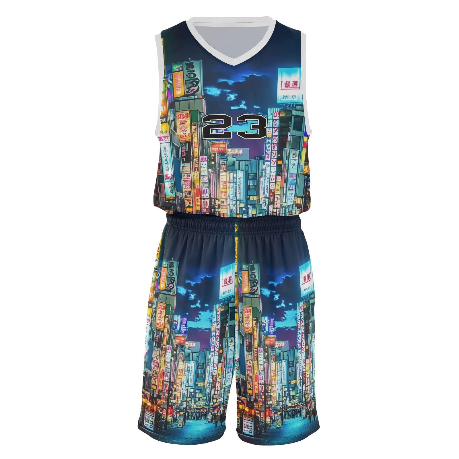FLildon Japanese Neon Punk Futuristic City Boys Basketball Jersey Set Tank Top Shorts Tracksuit Sport Training Suit for Kids, L