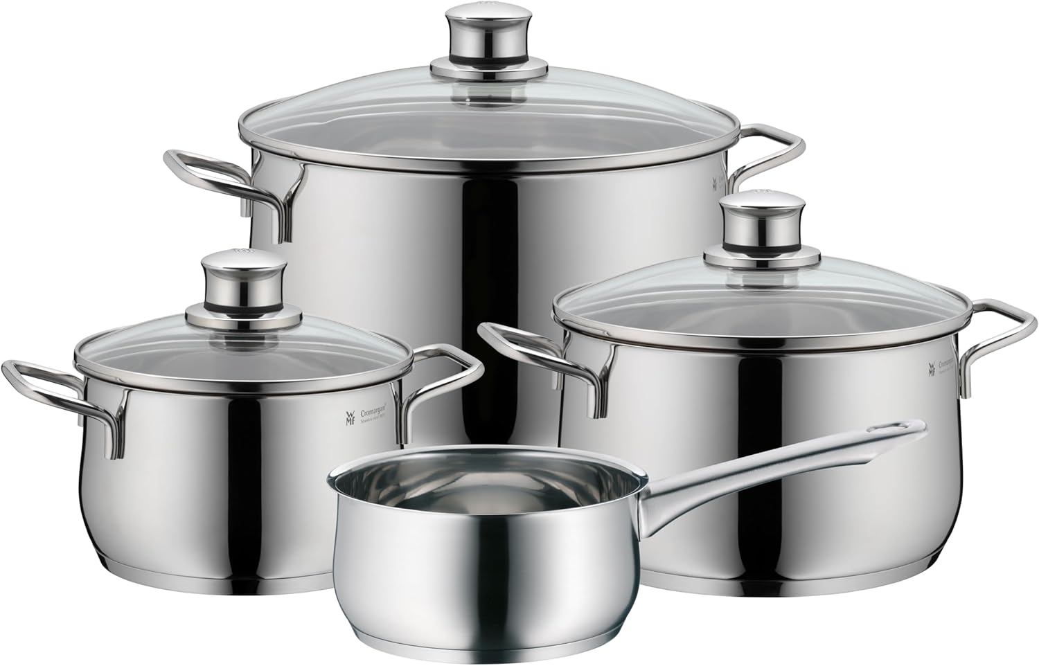 WMF Diadem Plus 4-Piece Induction Saucepan Set with Glass Lid, Wide Pouring Rim, Polished Cromargan Stainless Steel, Induction Pots Set, Uncoated, All Types of Cookers, Dishwasher Safe