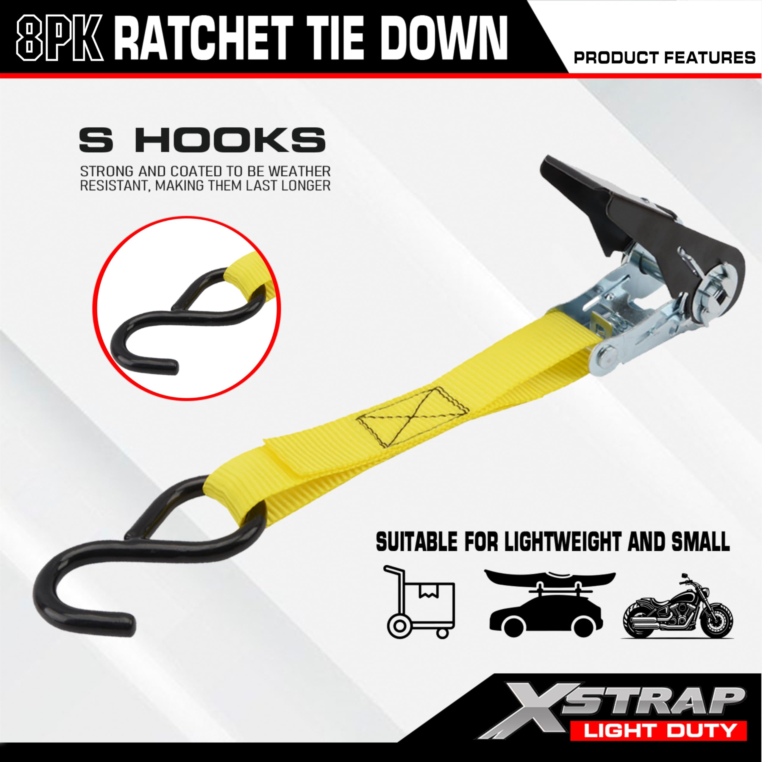 XSTRAP STANDARD Ratchet Tie Down Straps - 8PK - 1'' x 10 ft - 900 LB Break Strength Cargo Straps for Moving Appliances, Lawn Equipment, Motorcycle Yellow