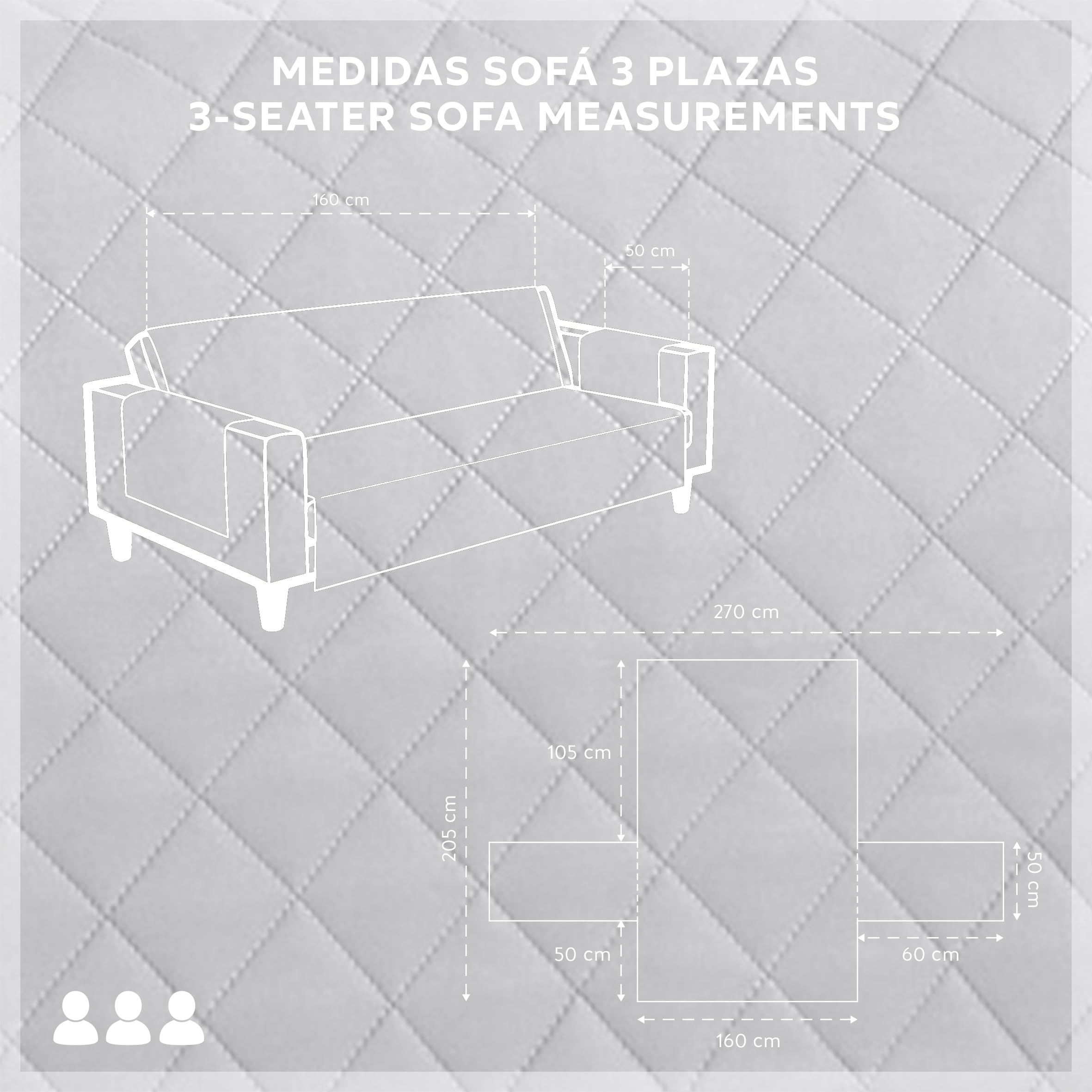 Textilhome Copridivano Malu 3 Posti (160cm) – Salvadivano Trapuntato Reversibile Universale, Protezione Antigraffio, Fodera Imbottita per Divano, Colore Grigio Chiaro