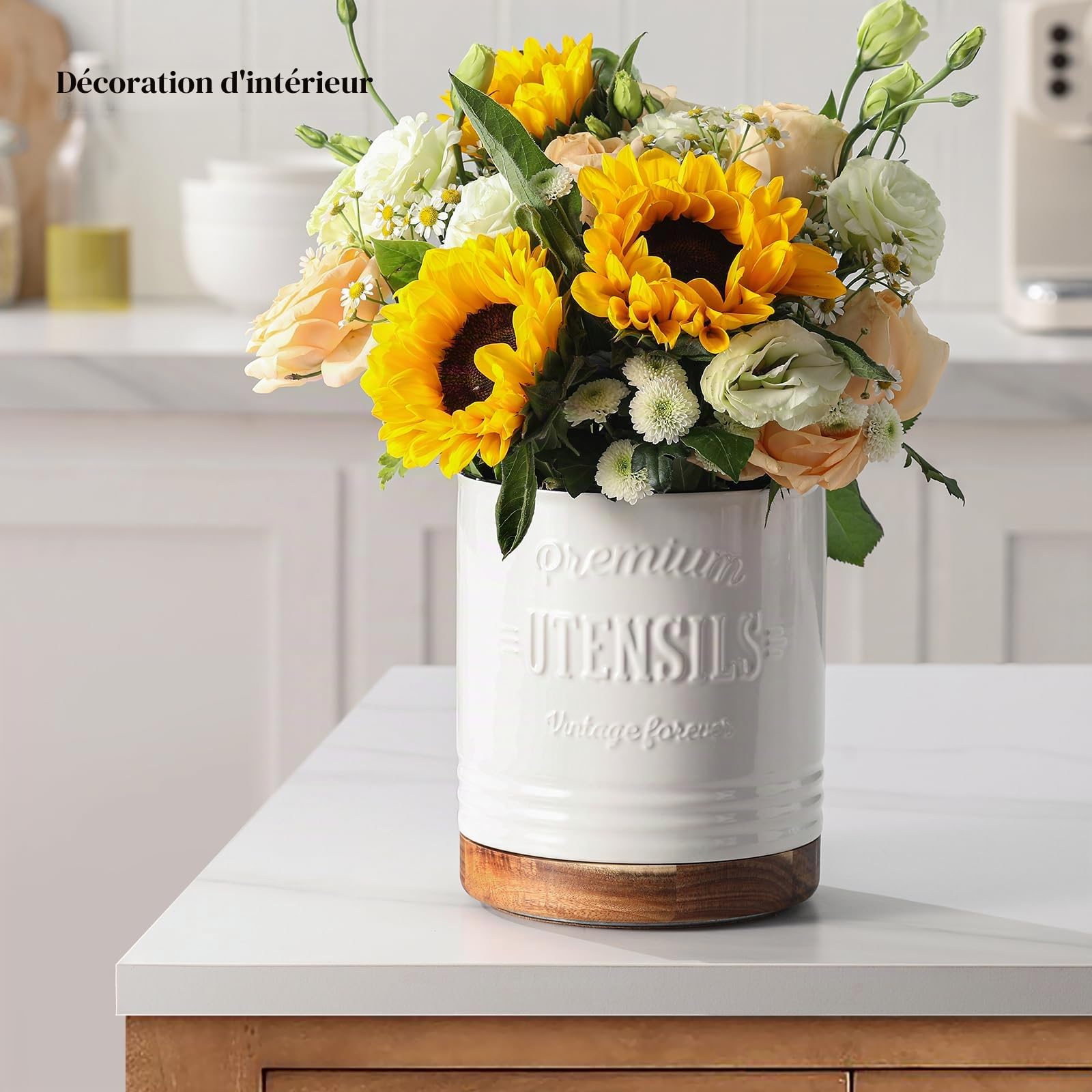 DOWAN Kitchen Utensil Holder 360 Rotating Container Kitchen Utensil Container Country House Style Kitchen Spoon Holder Beige Kitchen Decor