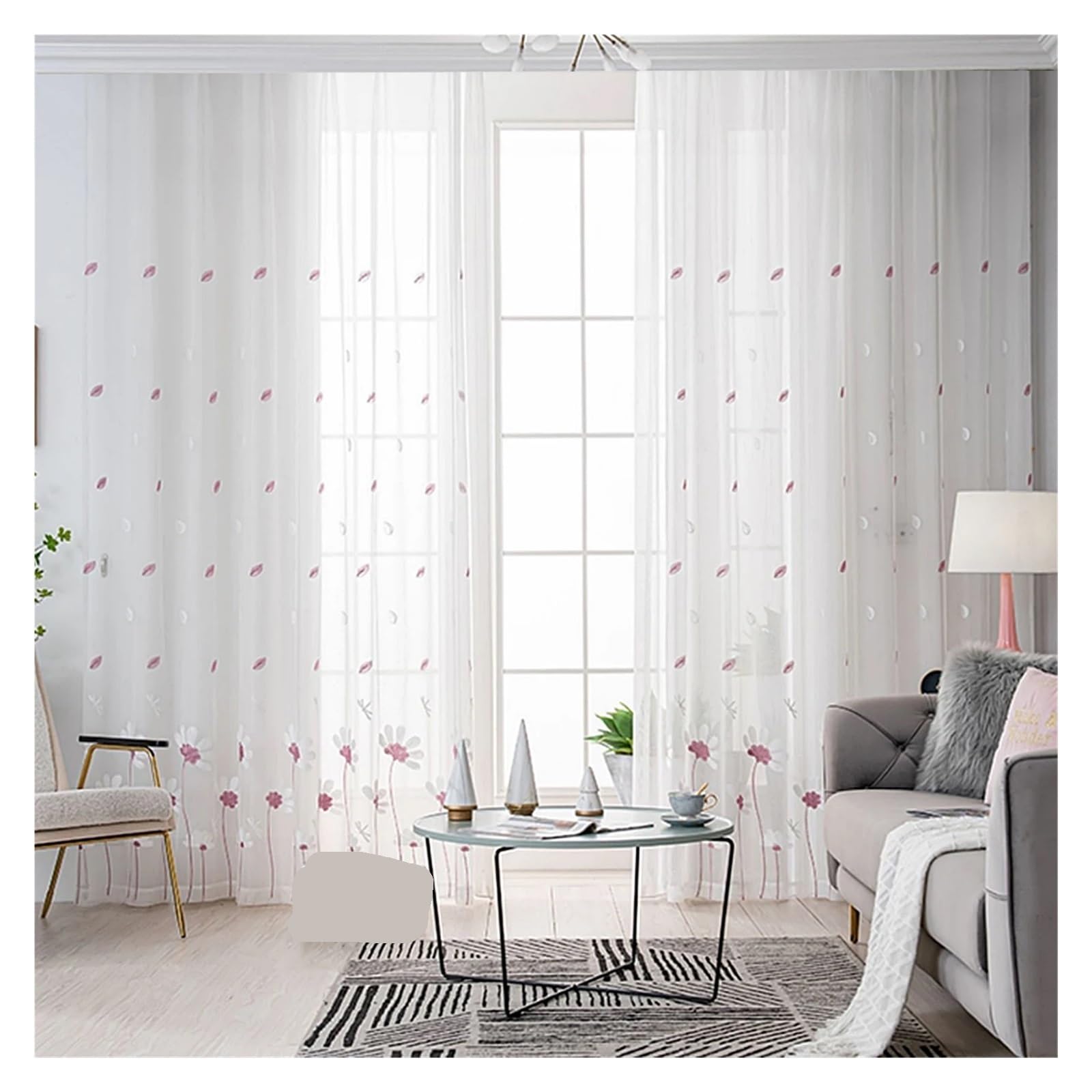 ITRHJTGP Gauze Curtain 1pcs Pattern Embroidery Sheer Curtain，Modern Pastoral Style Thin Transparent Gauze curtain for the Living Room For Home(Pink,ROD POCKET_W132CM X H180CM)