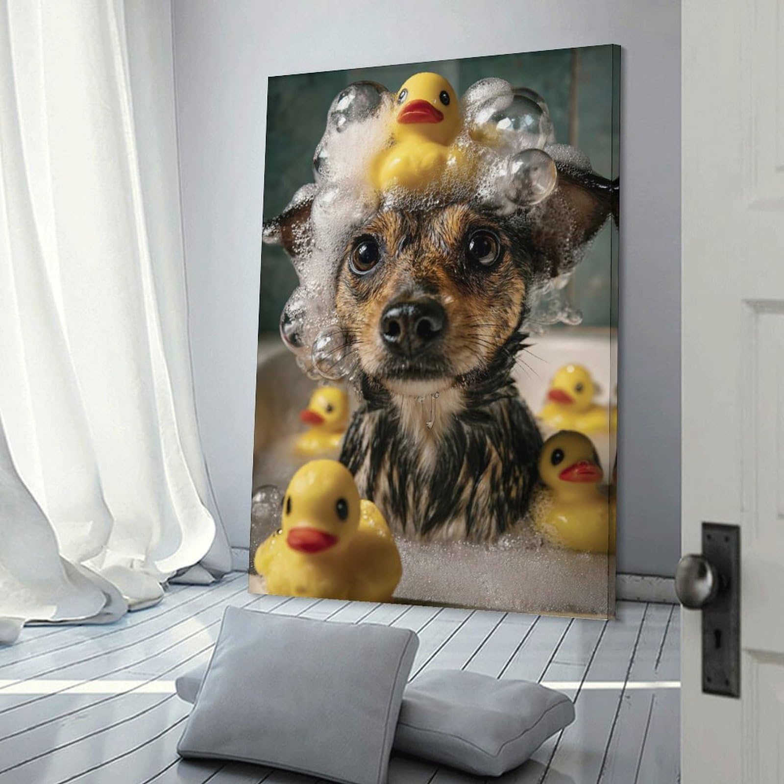 Junmoney Dog Bath Time with Rubber Ducks Canvas Wall Picture 16x24inch(40x60cm), for Entryway, Lounge Links Or Small Walls, Decorative Canvas Styling for Entry Areas