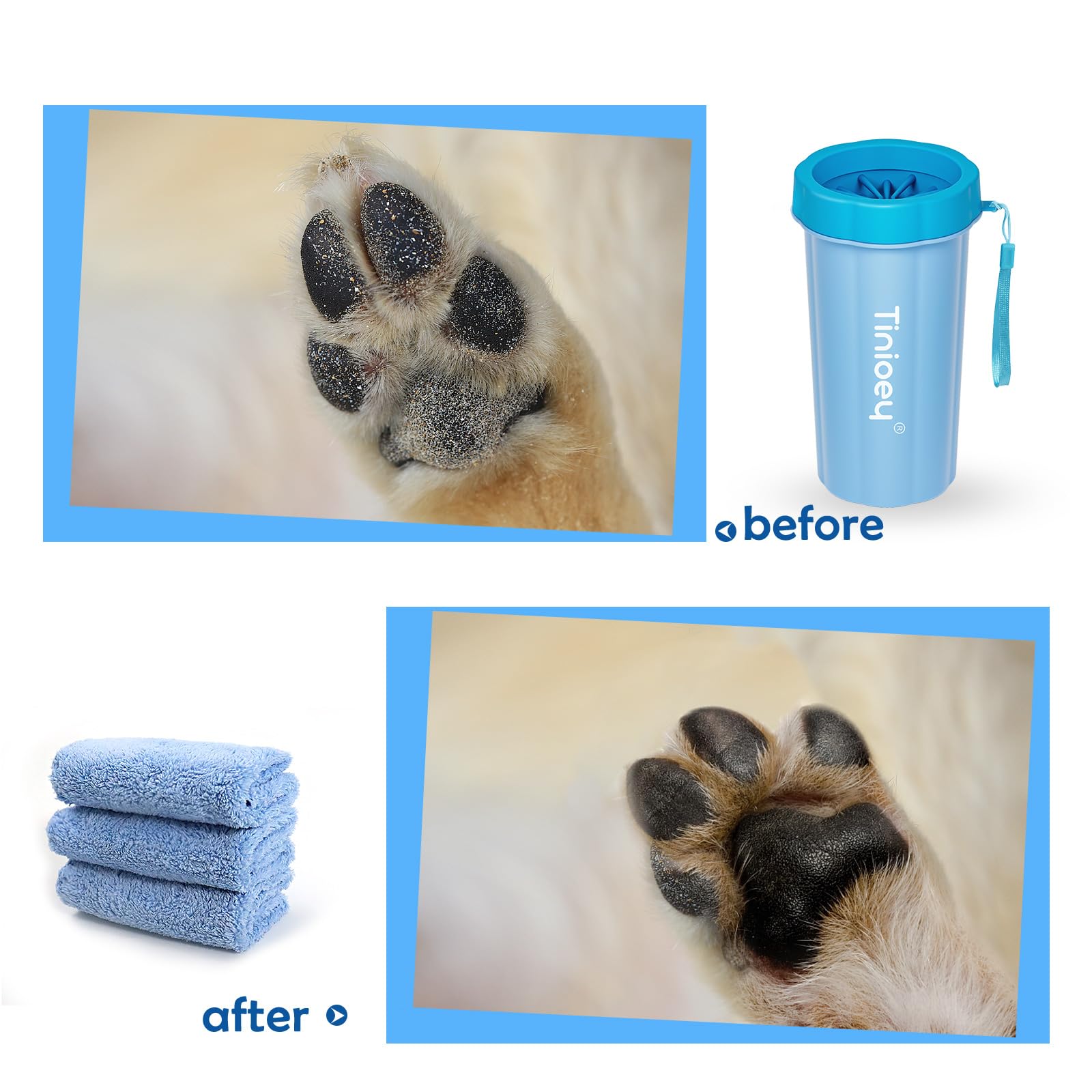 Tinioey Large Dog Paw Cleaner (with 3 Absorbent Towels & Bath Brush), Dog Paw Washer, Pet Foot Cleaner, Blue, XL - Image 4