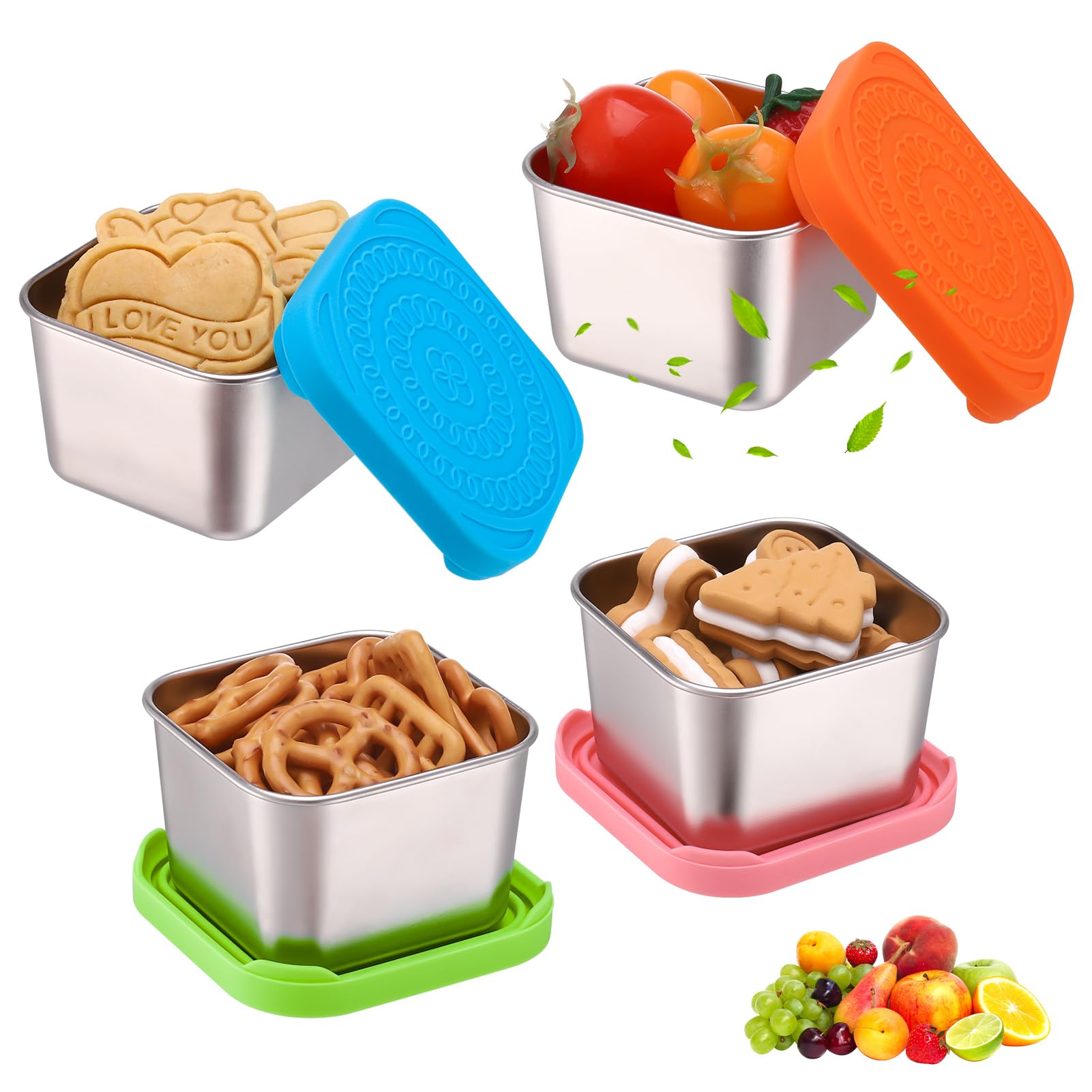 saerryor 4 Pack 6oz Stainless Steel Food Containers, Small Snack Pots with Silicone Lids, Reusable Leakproof Stackable Metal Bento Box for Kids Lunch School