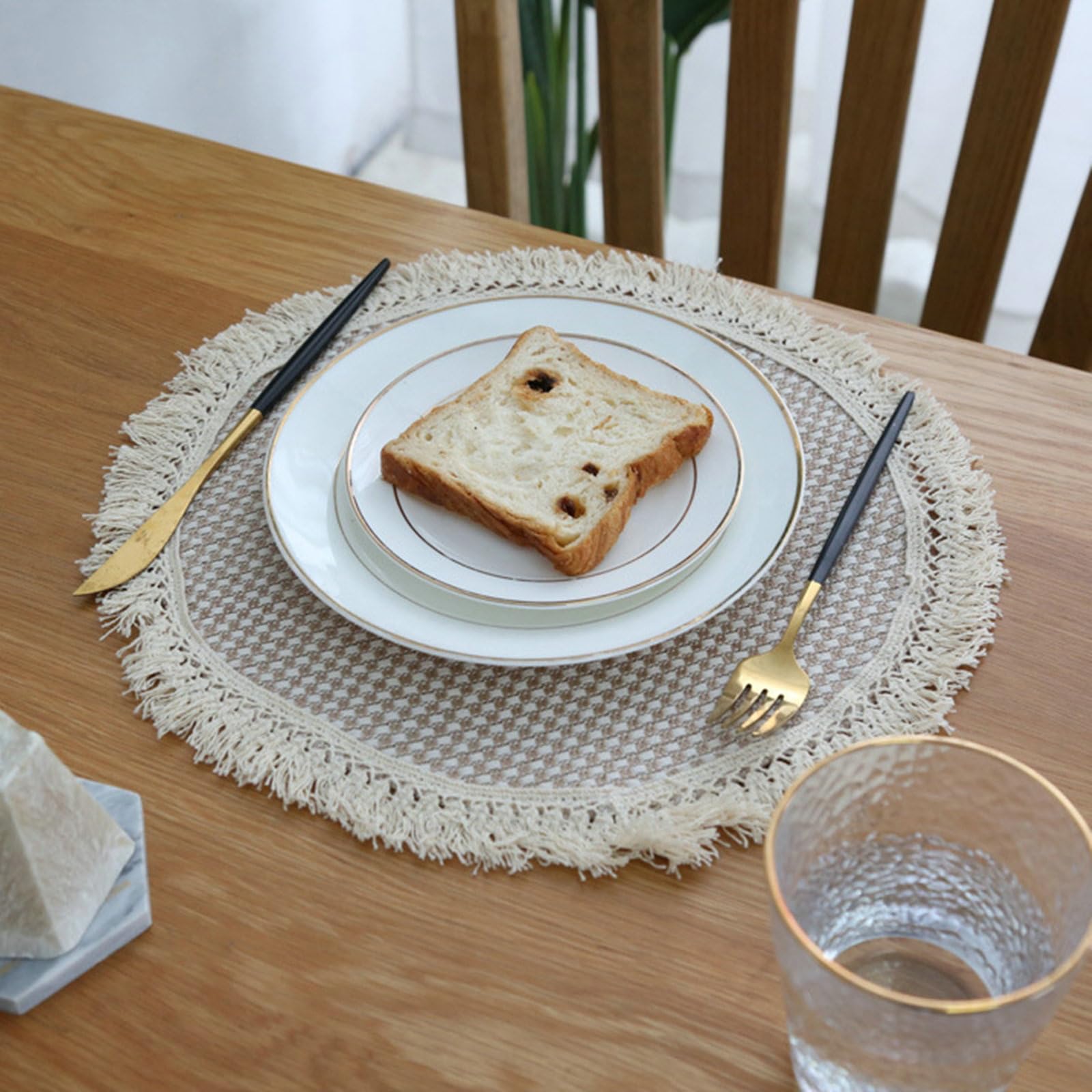 Platzset 8 Stück, Platzdeckchen Rund 30CM rutschfest Gewebte mit Gitter und Quaste Platzdeckchen für Glastisch