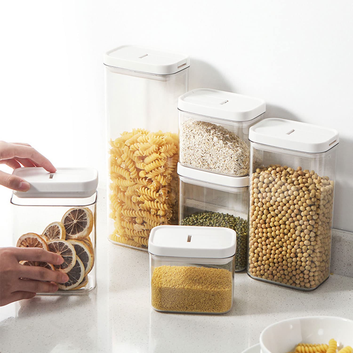Almacenaje De Plástico De Alimentos Bote Sellados con Tapa Sin BPA Botes Cocina Almacenaje 4Pcs Recipientes De Almacenamiento para Pasta, Cereal, Copos De Maíz, Azúcar, Harina