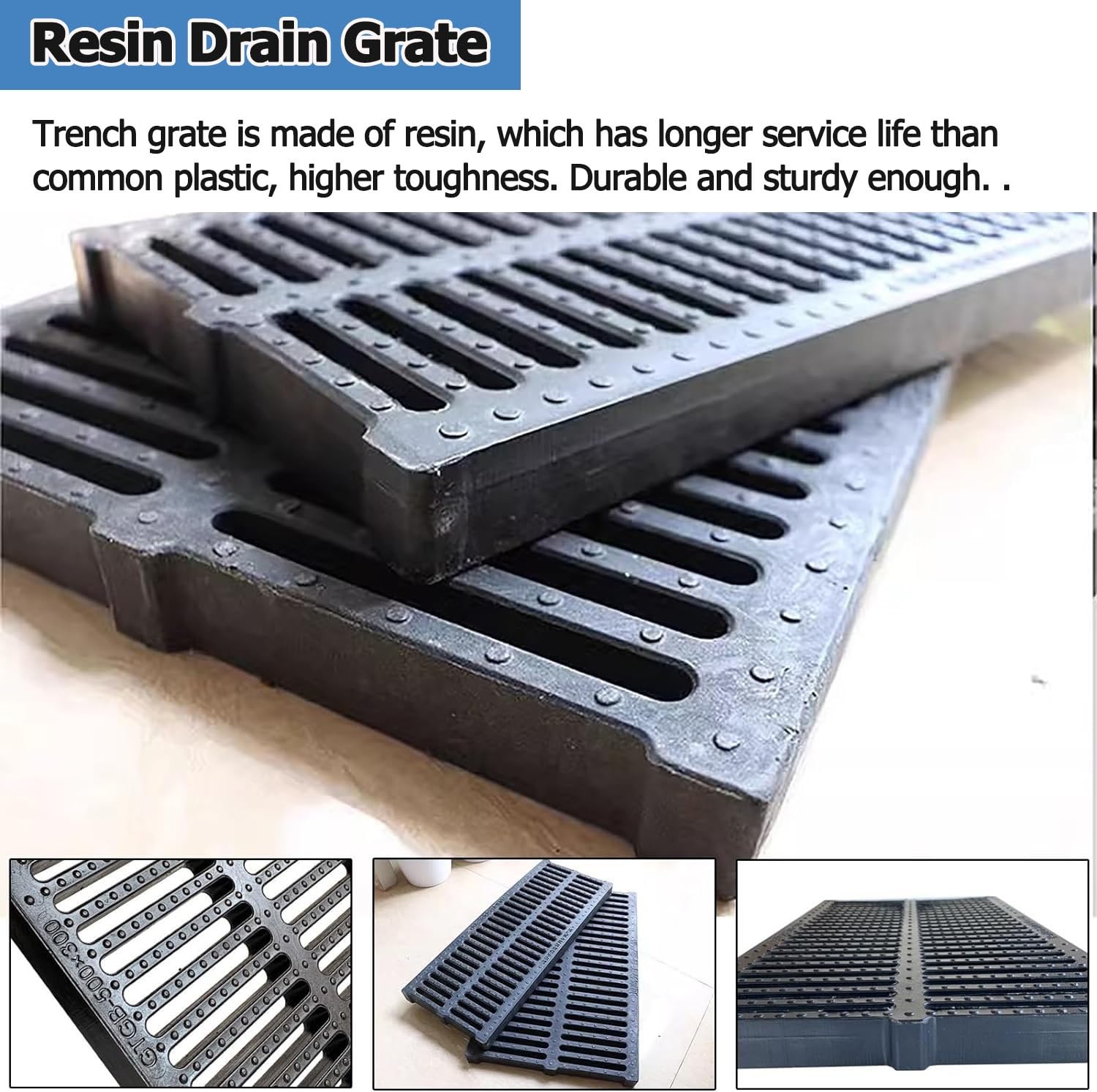 Rejilla de drenaje negra resistente, cubierta rectangular para canalón de drenaje de jardín, material de resina para gestión del agua de lluvia (50 x 20 x 2 cm)