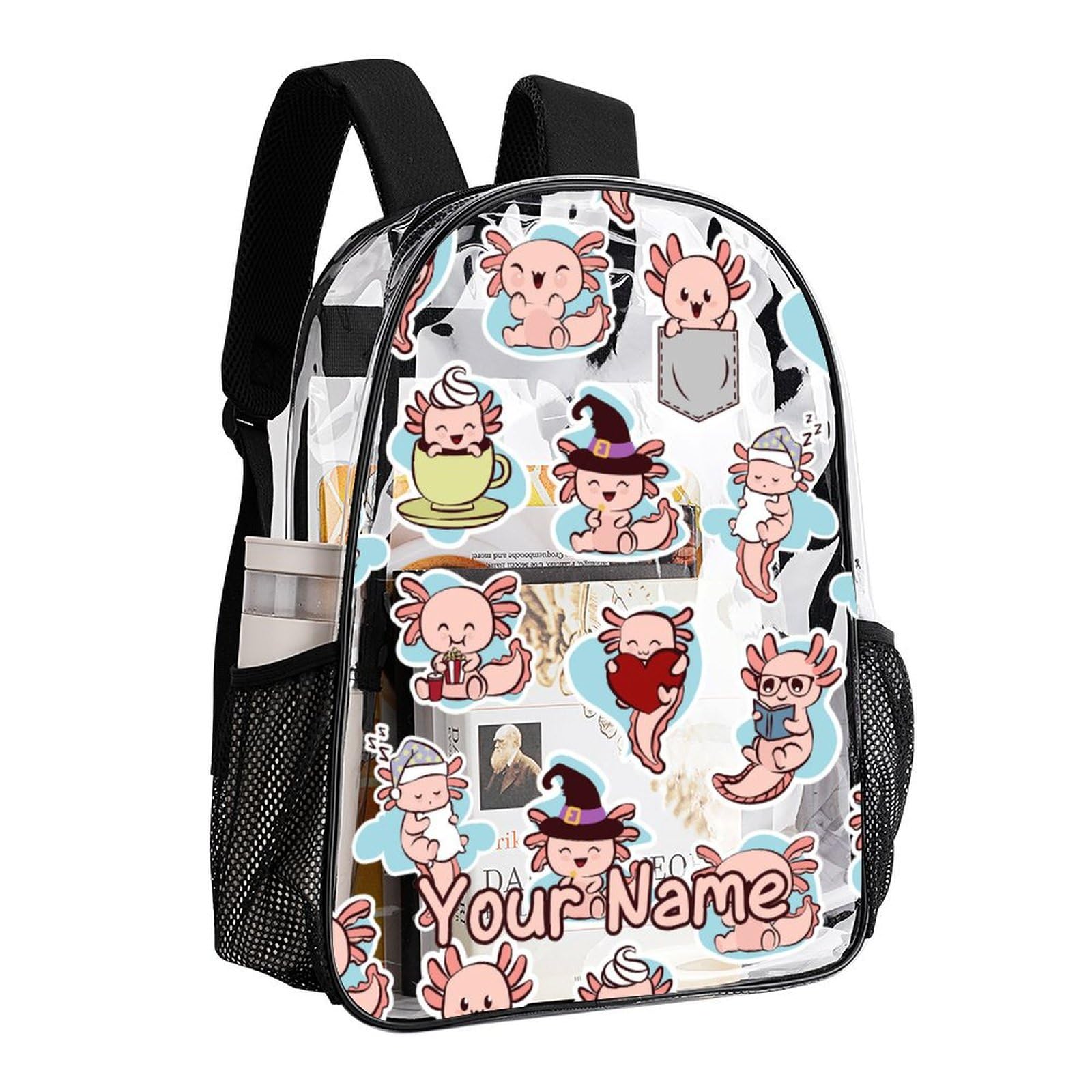 ZCJB-WSRY Custom Axolotl Clear Backpack Heavy Duty for Girls Kids Boys Women Men - Large Cute PVC Axolotls Theme Printing Transparent Backpacks for