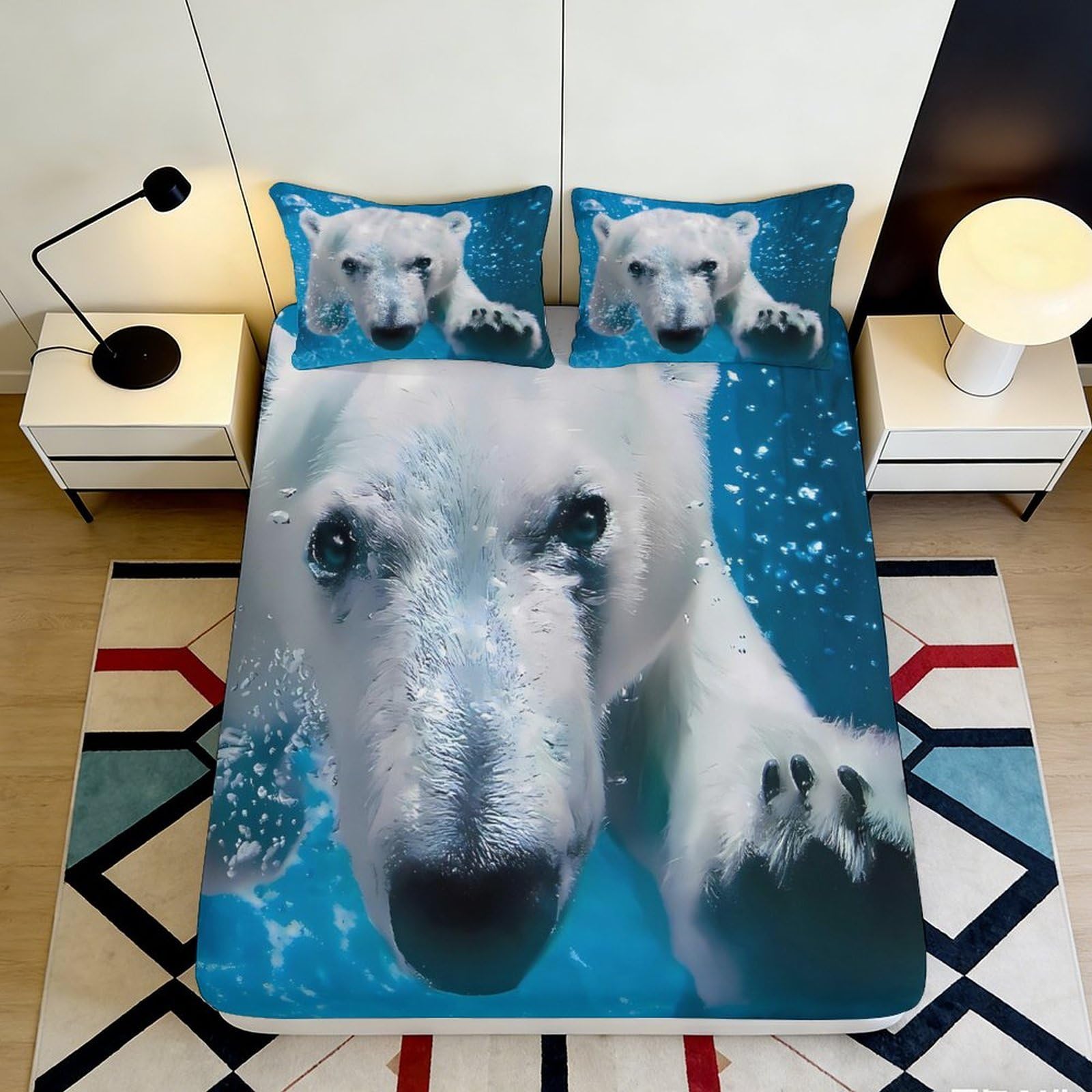 3D Printed Polar Bear Underwater Fitted Sheet Microfiber Soft Mattress Cover for Bedroom Decor Dorm Guest Room 160x200x25cm