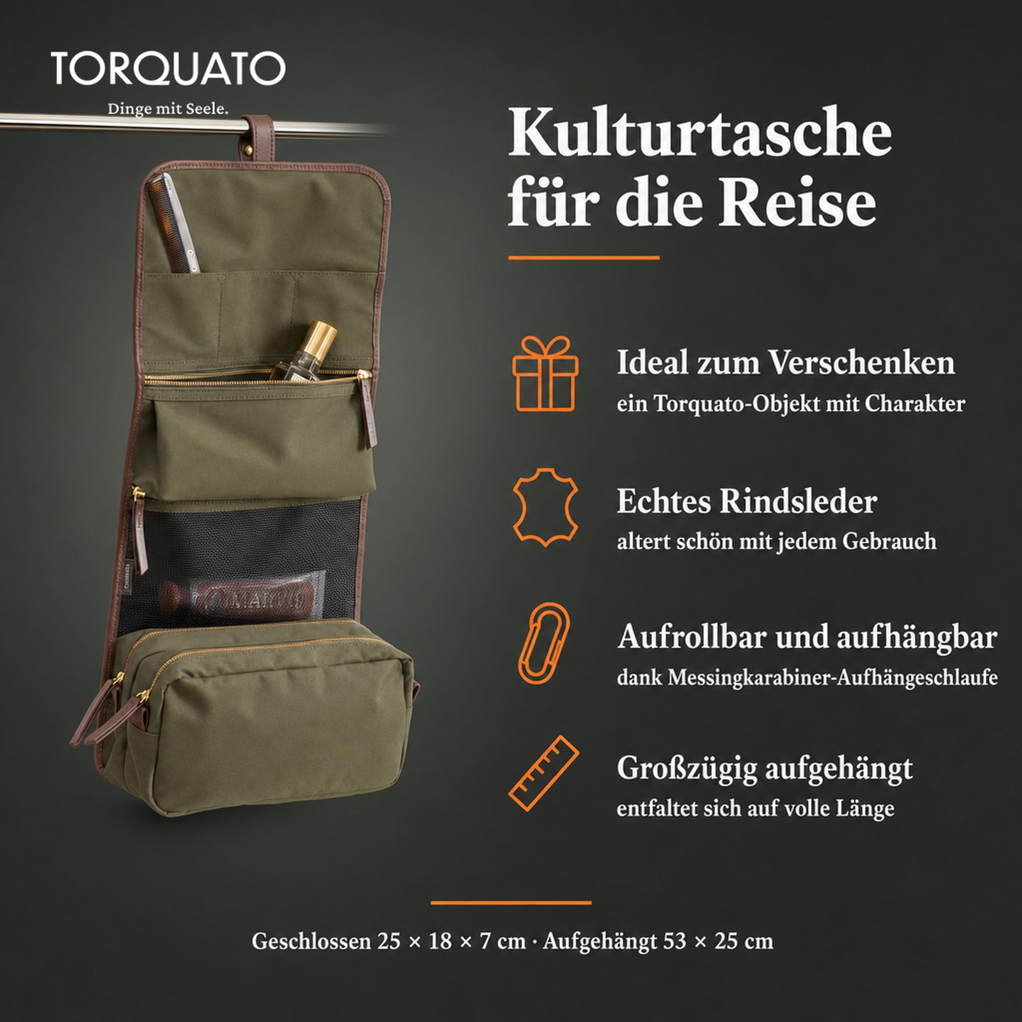 Torquato Rindsleder-Kulturbeutel Herren zum Aufhängen, aufrollbar