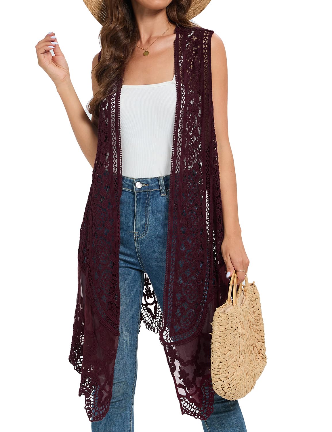 Sheer Cardigan Crochet Sleeveless Cover Up Mesh Patchwork Hippie Vest