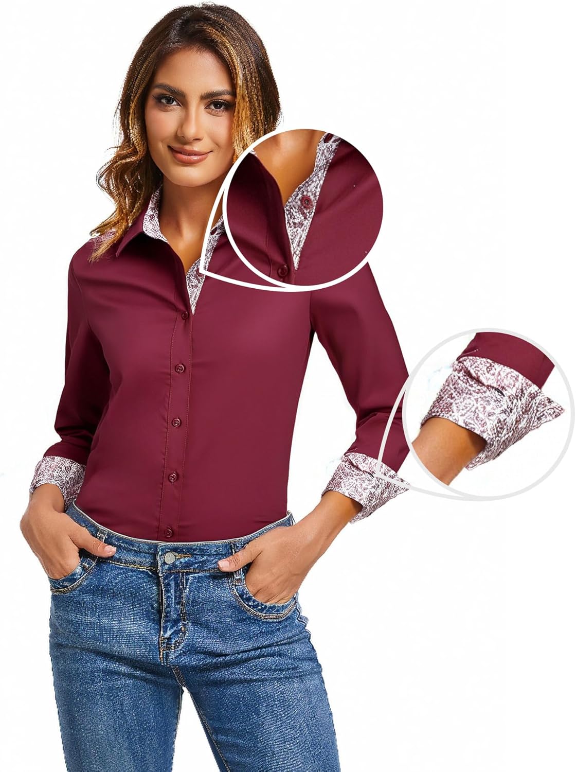 Esabel.C Womens Dress Shirts Cotton Long Sleeve Regular Fit Stretch Button Down Blouse - Image 3