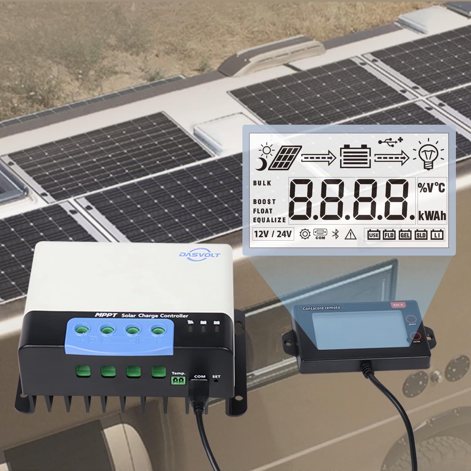 DASVOLT®, Regolatore di carica solare MPPT 30A 12V/24V Potenza in ingresso massima 400W/12V, 800W/24V per batteria al litio, piombo-acido, sigillata, flood, per camper, roulotte, barche, yacht