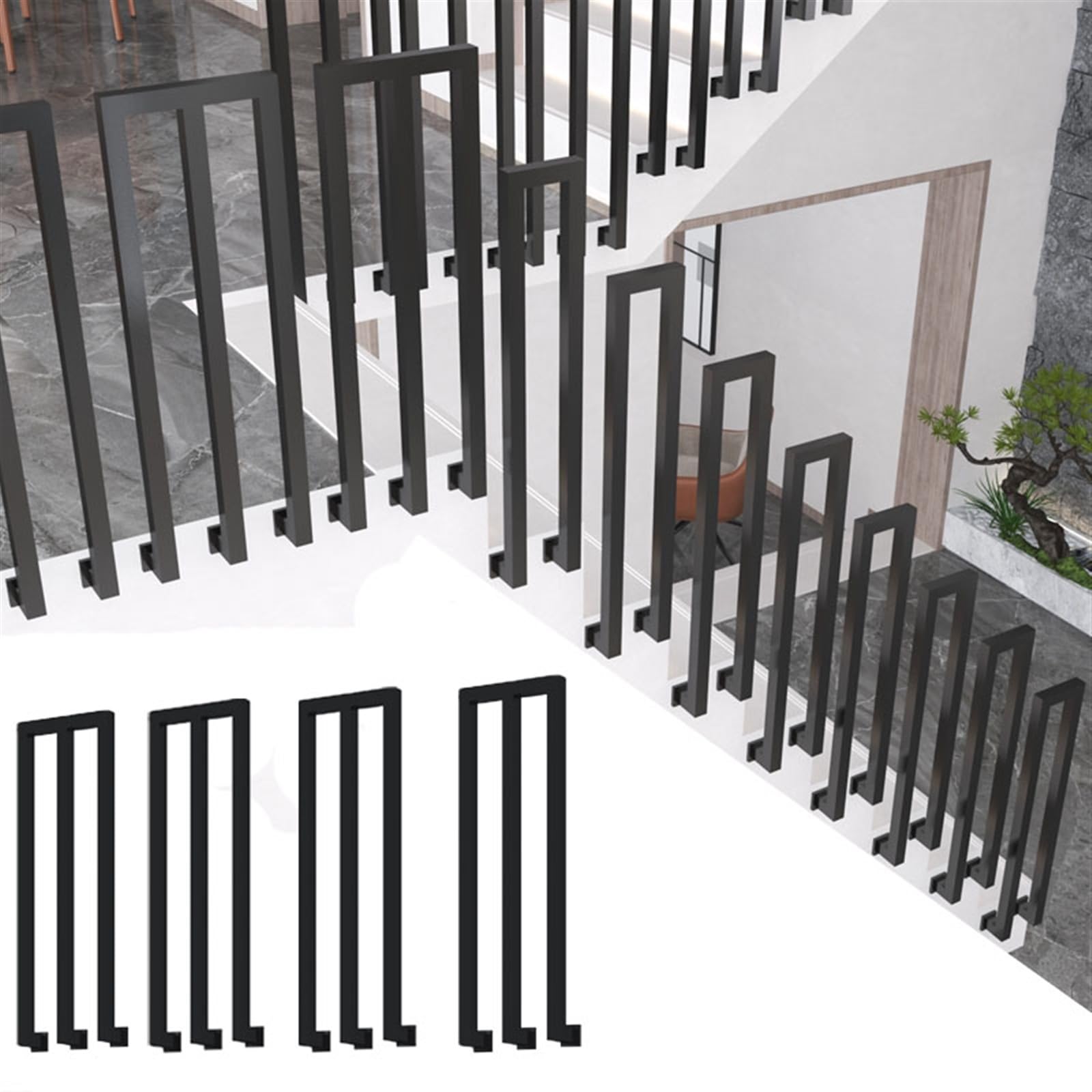 Cartel de hierro forjado negro en forma de U/M para exteriores, resistente, para escaleras, cubiertas, balcones y terrazas, ideal para uso en interiores y exteriores, juego de 4 piezas