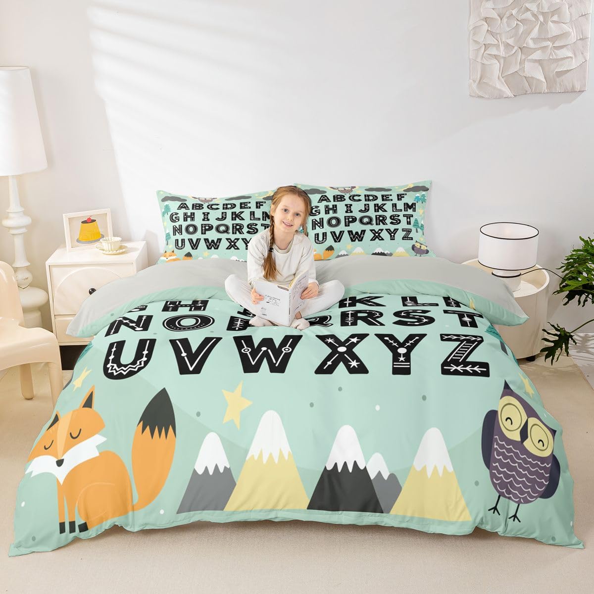 Loussiesd Alfabet dzieci ABC nauka poszewka na kołdrę super king size chłopcy dziewczęta uroczy lis zestaw pościeli oddychająca miękka edukacyjna przedszkole sztuka poszewka na kołdrę 3 szt. leśne