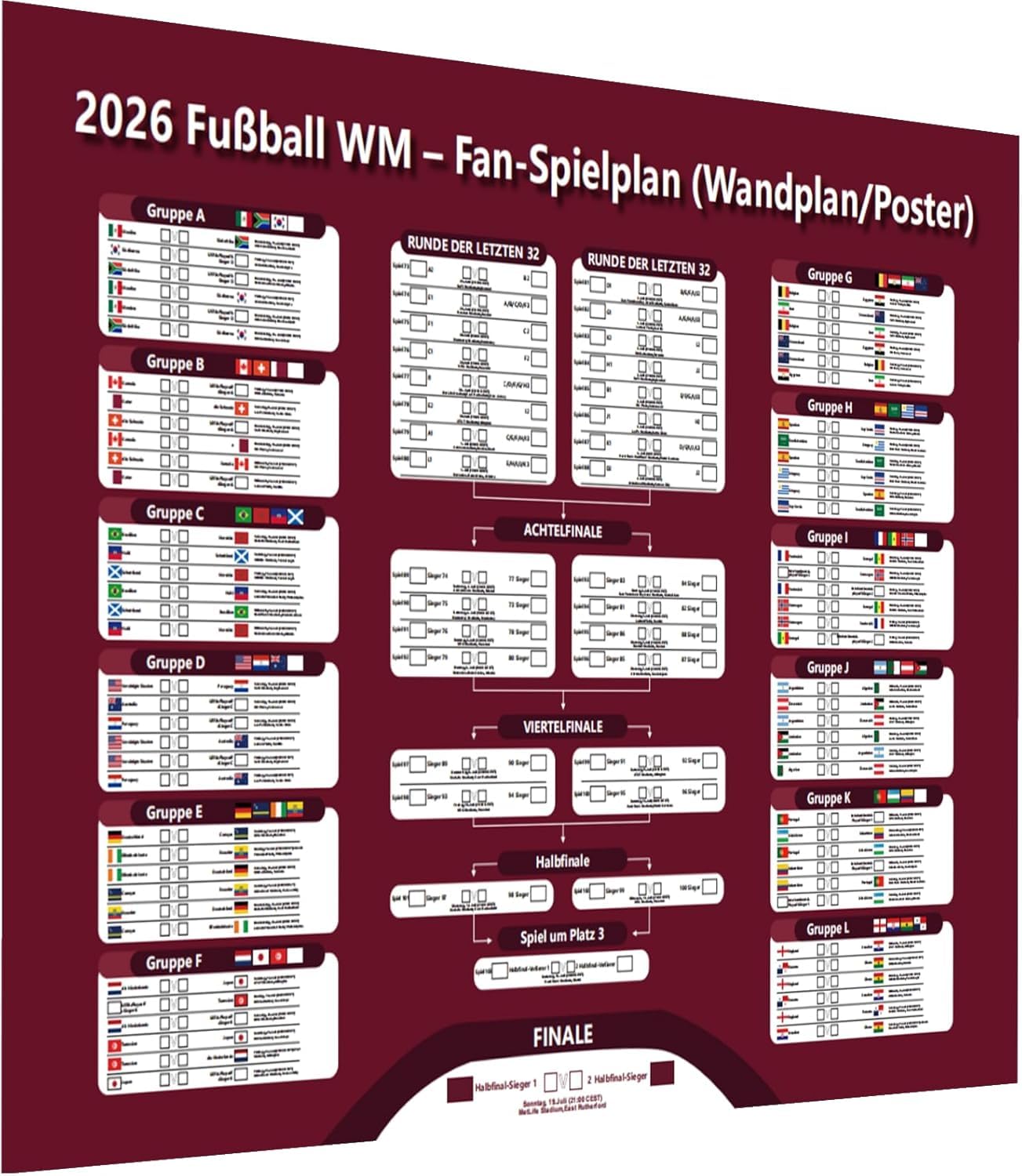 hsyomgcs Spielplan 2026 Poster für Deko Fußball WM 2026 – Alle Spiele, Termine & Austragungsorte – Wandplan für Heim & Bar (A1-Größe, 84 x 60 cm)