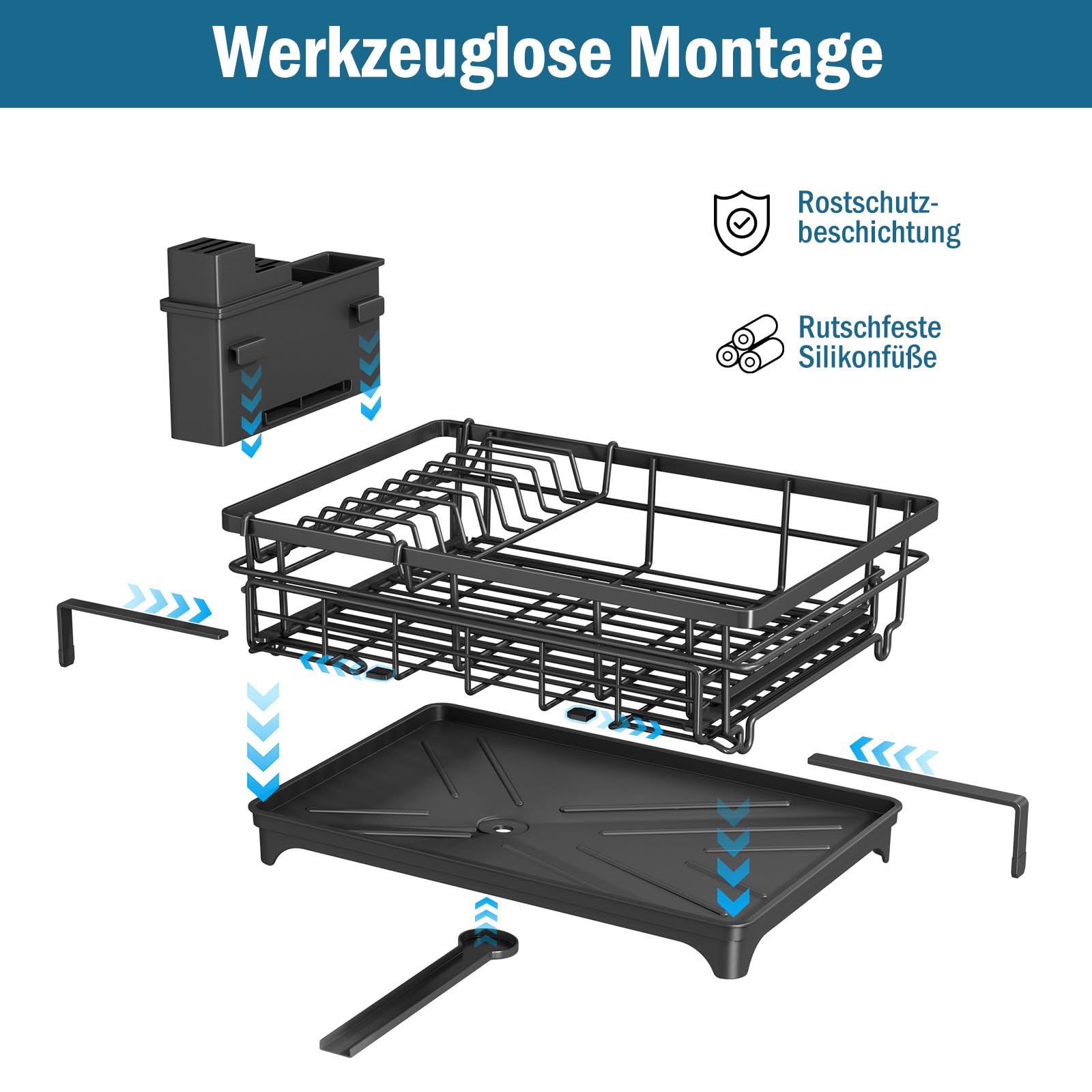 Egouttoir Vaisselle, Extensible Égouttoir à Vaisselle avec Porte-ustensiles, Économisez de l'espace Egoutoire Vaisselle Cuisine et Drainage Automatique, pour Cuisine, Noir