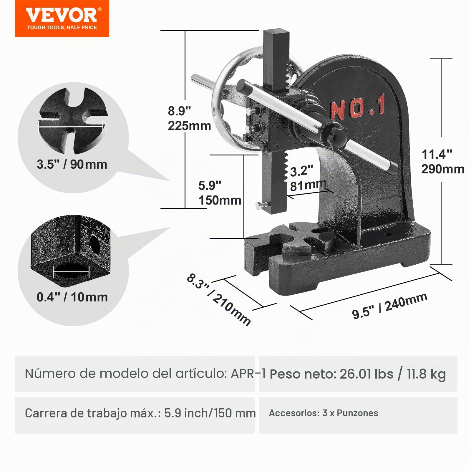 VEVOR Prensa de árbol Manual de 1 tonelada con Volante, Altura máxima de 5,9", Prensa de árbol de Escritorio Manual de Alta Resistencia de Hierro Fundido, Prensa Manual de precisión para Estampar