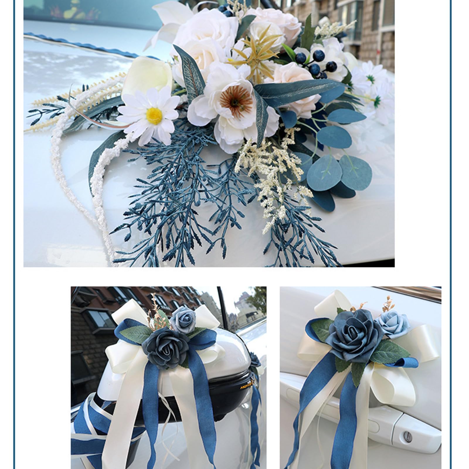 Hochzeitsauto-Dekoration, 7-teiliges Set mit realistischer Kunstblume für Auto-Dekorationen, inklusive Rückansicht und Türknauf, elegante Dekoration
