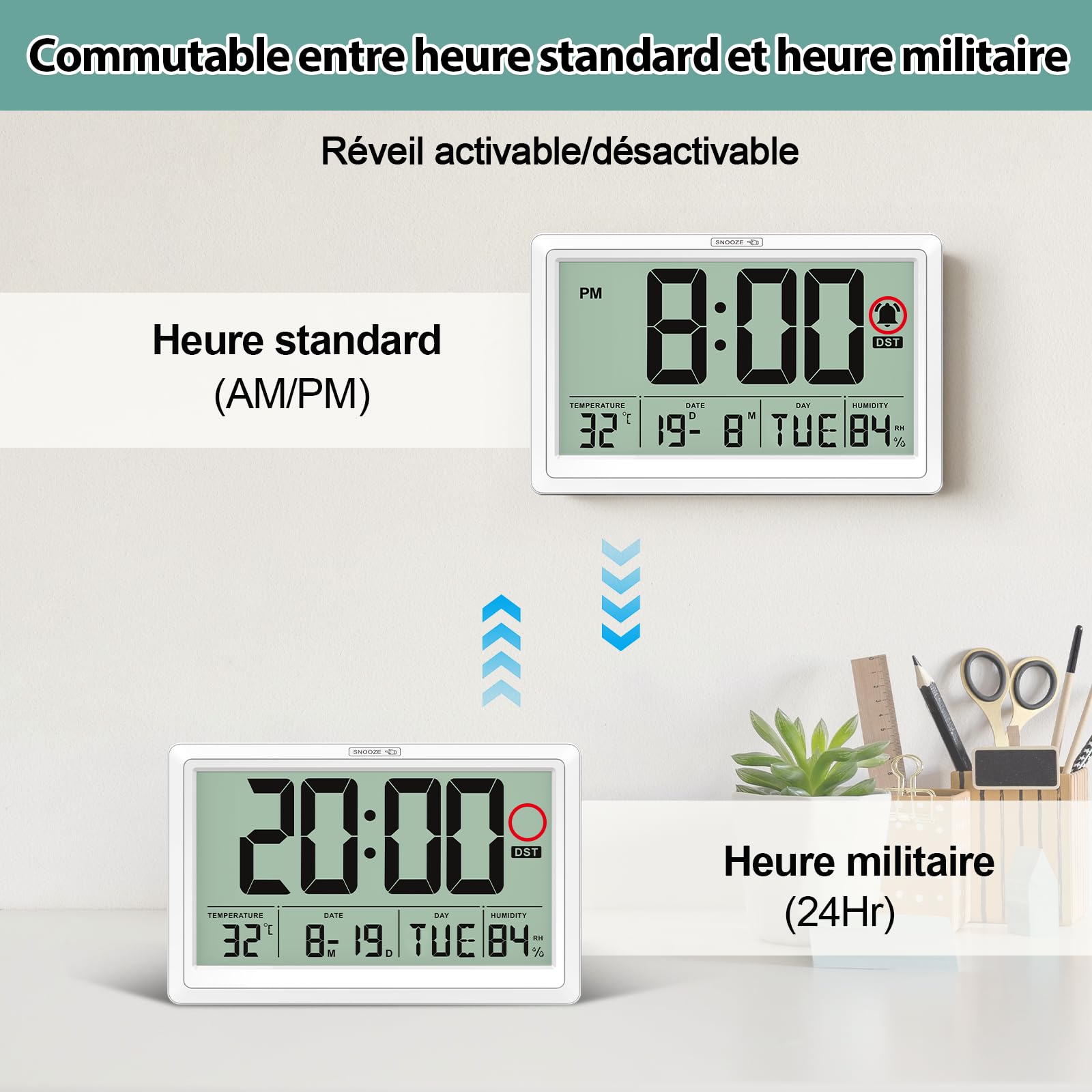 XREXS Horloge Murale Numérique 19,4 x 10,4 cm - Écran LCD HD, Réveil, Température & Humidité, 12/24h