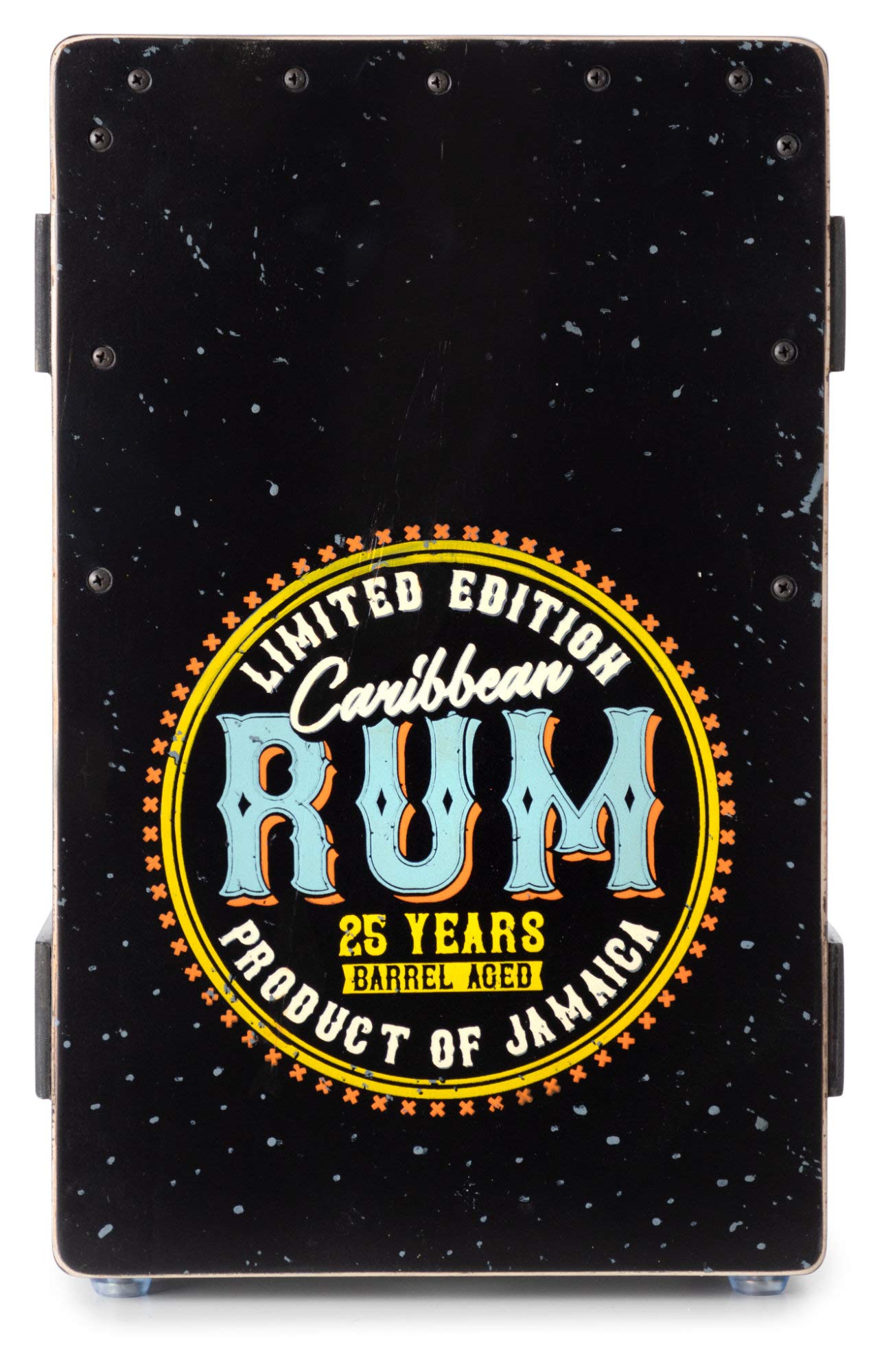 XDrum Design Series Cajon "Rum", Cajón de diseño con estampado vintage | Puerto de graves integrado, Cuerpo: HPL (High Pressure Laminate), Mitad superior de la superficie de golpe atornillada, 5 cm