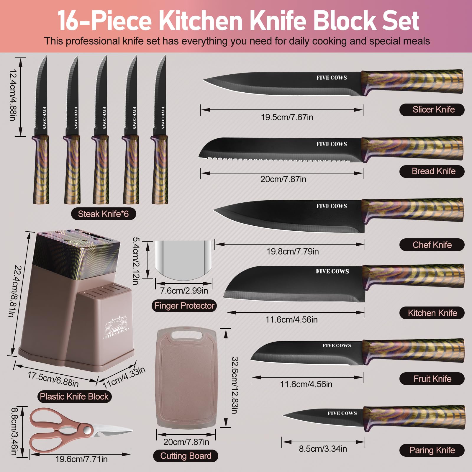 Couteau Cuisine, 16 pièces, Bloc couteaux de cuisine avec Affûteur Intégré, avec planche a decouper, ciseaux de cuisine et couteaux de chef, Couteaux et Ustensiles de Cuisine(Violet)