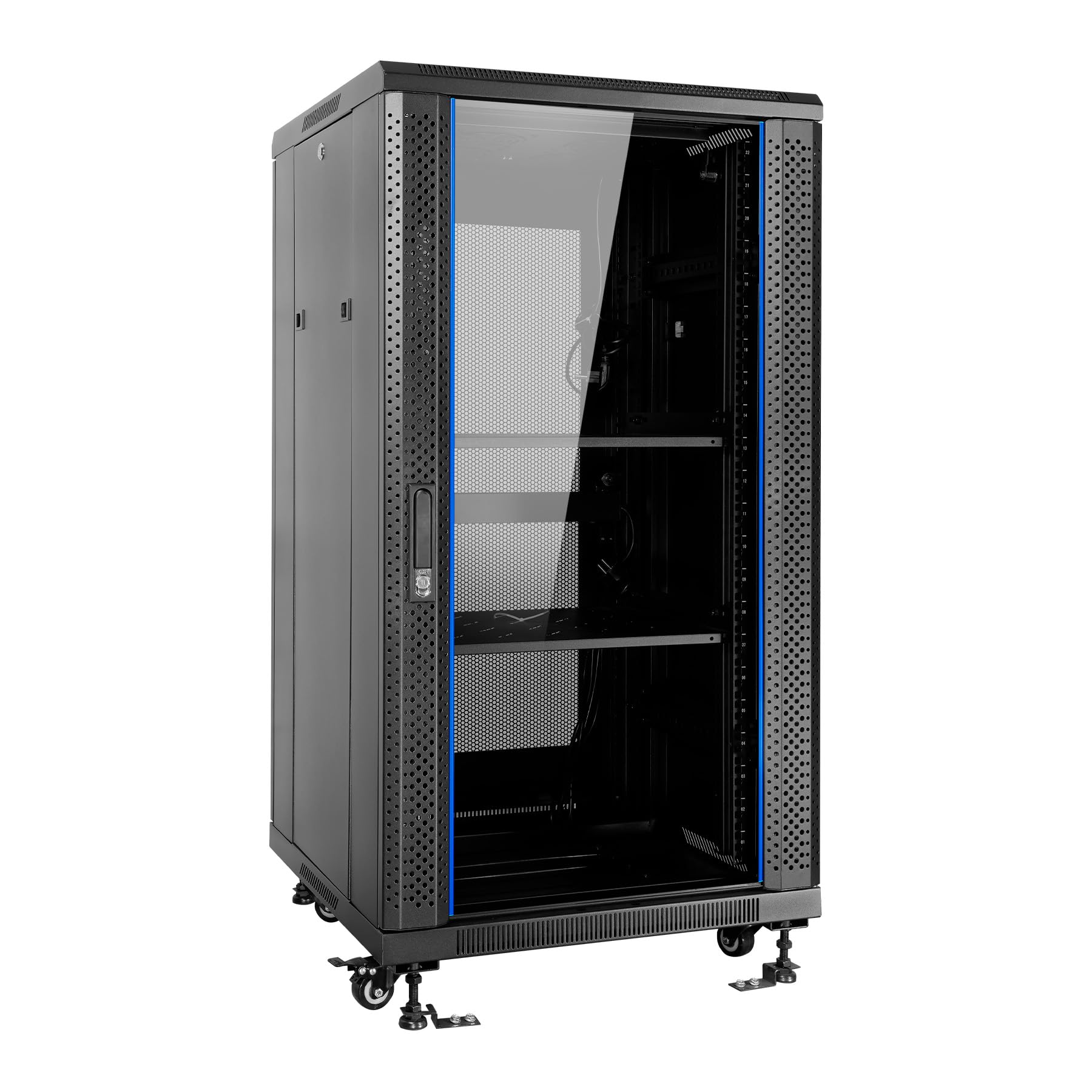 Aiten Data Armario Rack Suelo 19" 22U 600 x 600 x 1175 mm Montado con Accesorios: 2 Bandejas Fijas, 4 Ventiladores 120 mm, 1 PDU con 8 Puertos de 1U, Patas, Ruedas y Llaves