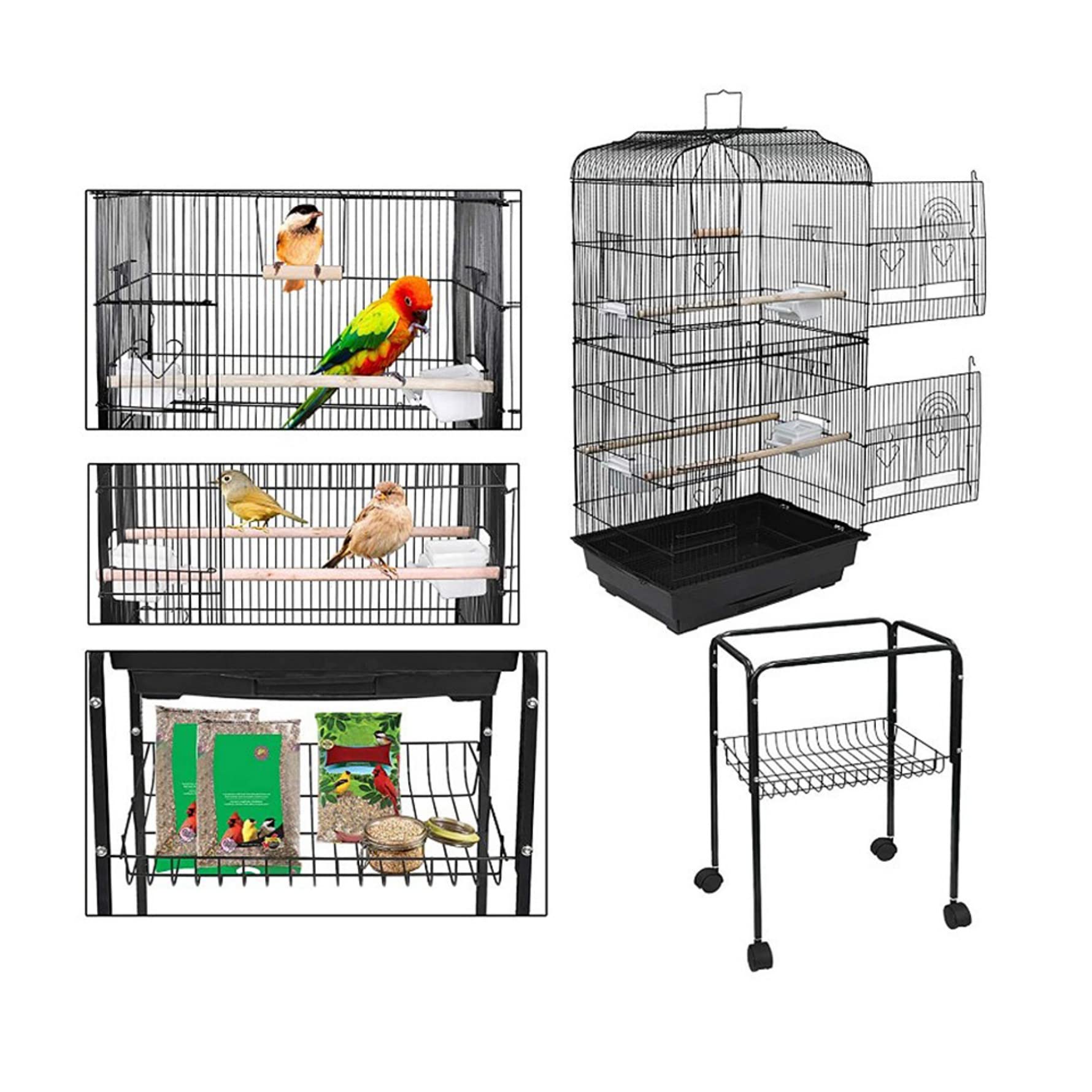 Jaula de pajarera para pájaros loros inseparables Calopsite con pedestal de metal de interior y exterior negro, jaula para loros, calopsitte, palomas (61,5 x 43 x 137 cm)
