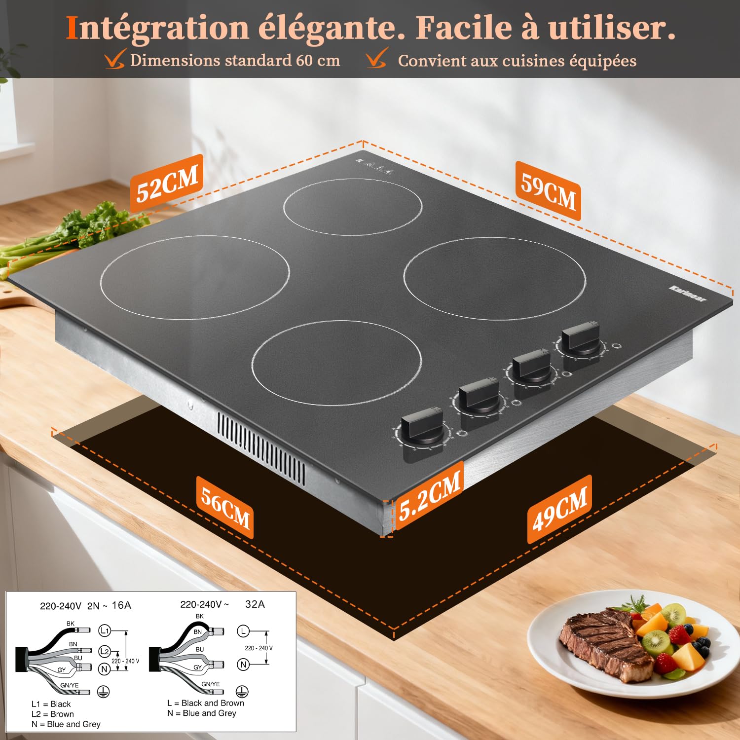 Karinear Plaque Vitrocéramique 4 Feux avec Boutons | Plaque de Cuisson Electrique 60CM Encastrable, Boutons Rotatifs, 6000W, Arrêt Automatique, 220V