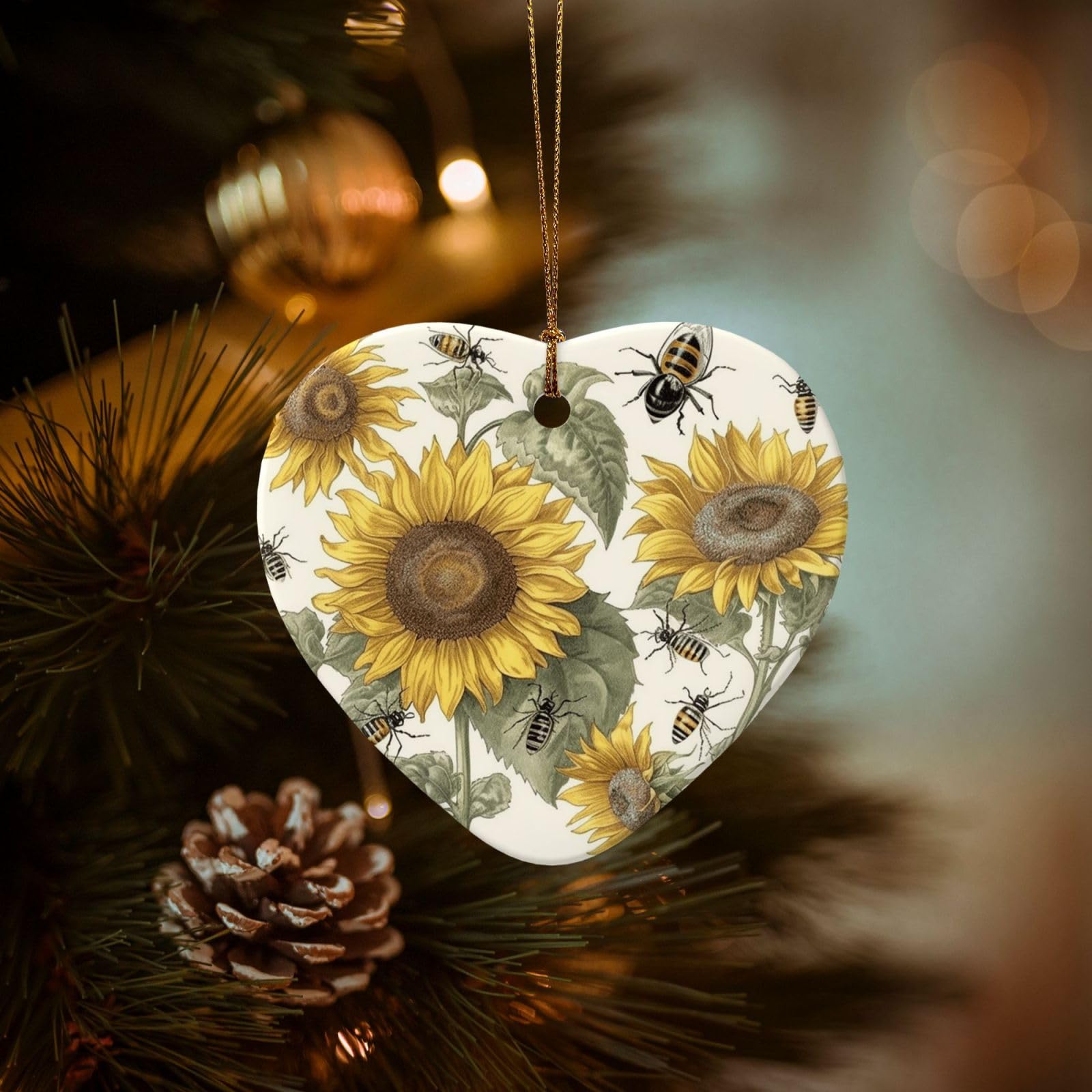 Christmas Tree Ornaments Ceramics Christmas Decorations Sunflowers and Insects Ornaments with Gold Ribbon Porcelain Xmas Tree Crafts Heart Shape Hanging Pendant for Christmas Tree Party Decor