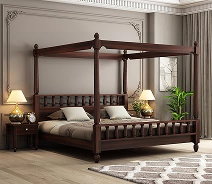 Furniseworlds Sheesham Wood King Size Poster Bed Wooden Double Bed Cot Bed Furniture for Bedroom Home and Hotel (Walnut Finish)