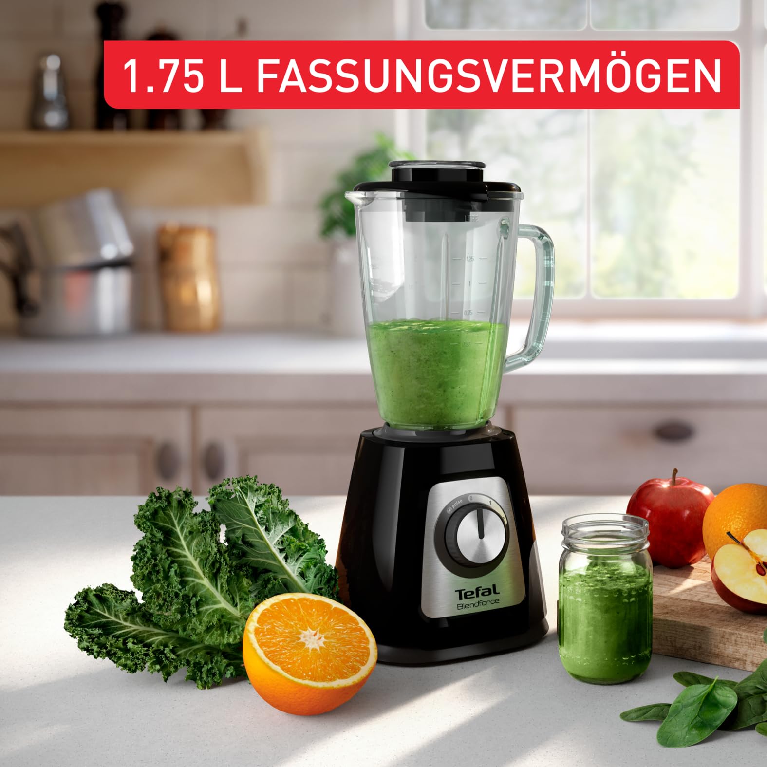 Tefal Blendforce 2 Standmixer, 800 Watt, Powelix-Technologie, stoßfester 1,75 L Behälter aus Thermosglas, Mixer mit Luftkühlsystem, einfache Reinigung, Behälter spülmaschinengeeignet, Schwarz, BL4358