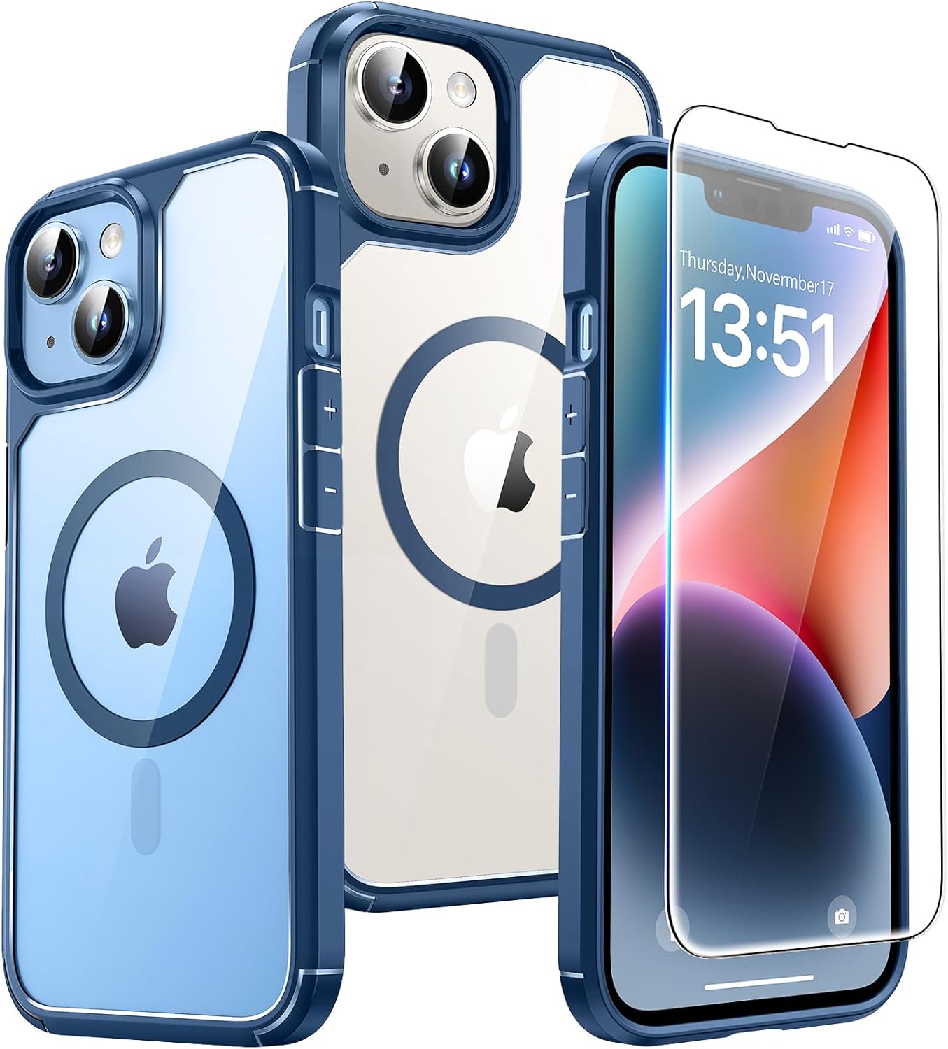 TAURI 3 in 1 Magnetic for iPhone 14 Plus Case, Compatible with Magsafe [Yellowing Resistant] with 2X Screen Protector, [Military Grade Protection] Slim Case for 14 Plus - Blue