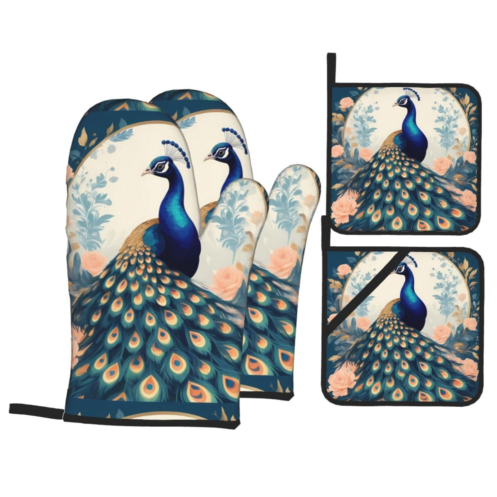 HJFCZH Elegant Peacock Picture Kitchen Baking Set of 4 Thick Insulated Oven Mitt & Pot Holders, Anti-Scalding for Microwave, Oven, Outdoor BBQ