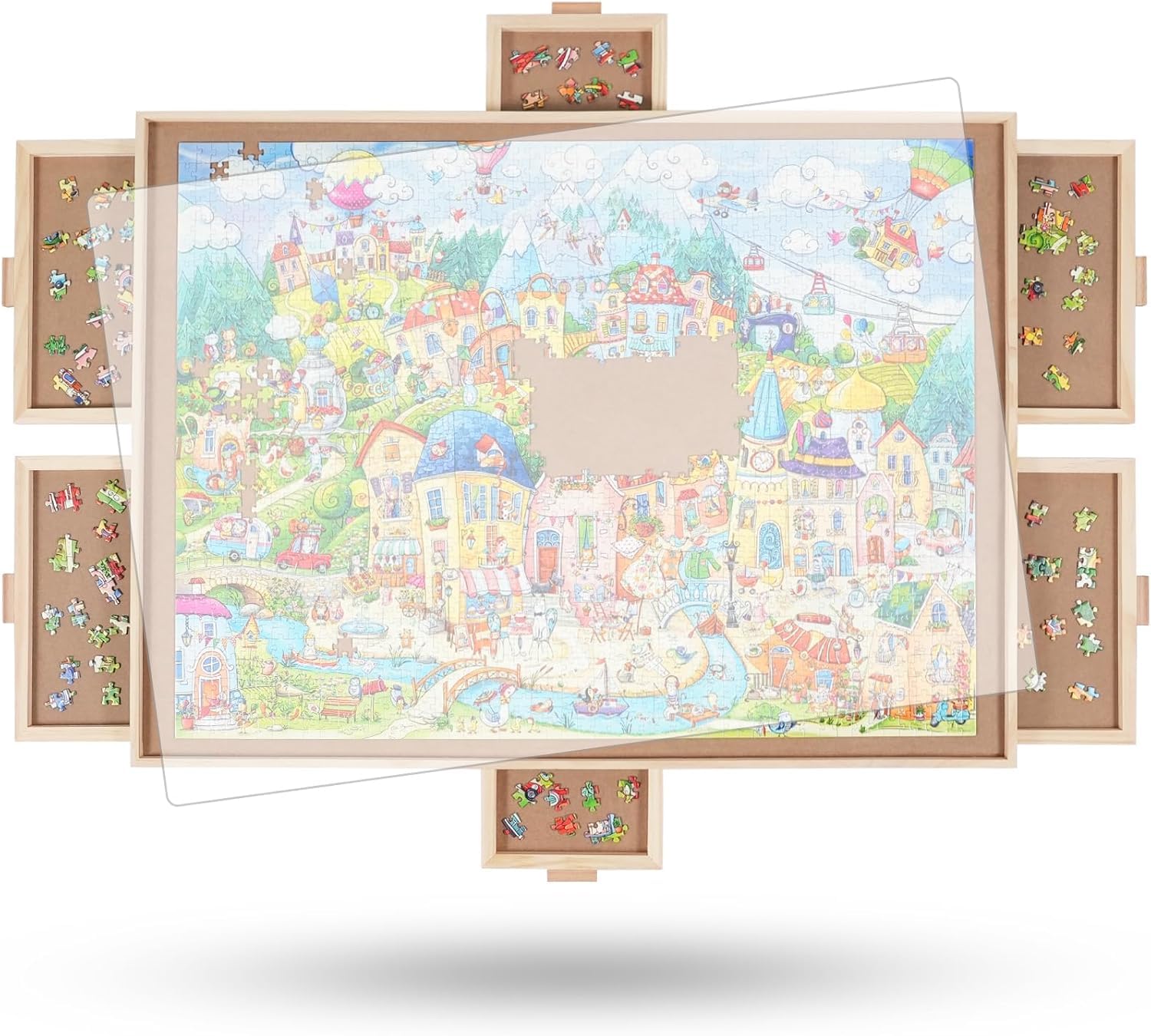 TTruwheelz Planche à Puzzle rotative 1000 pièces avec 6 tiroirs et Couvercle, Table de Puzzle Portable en Bois 76,6 x 57 cm