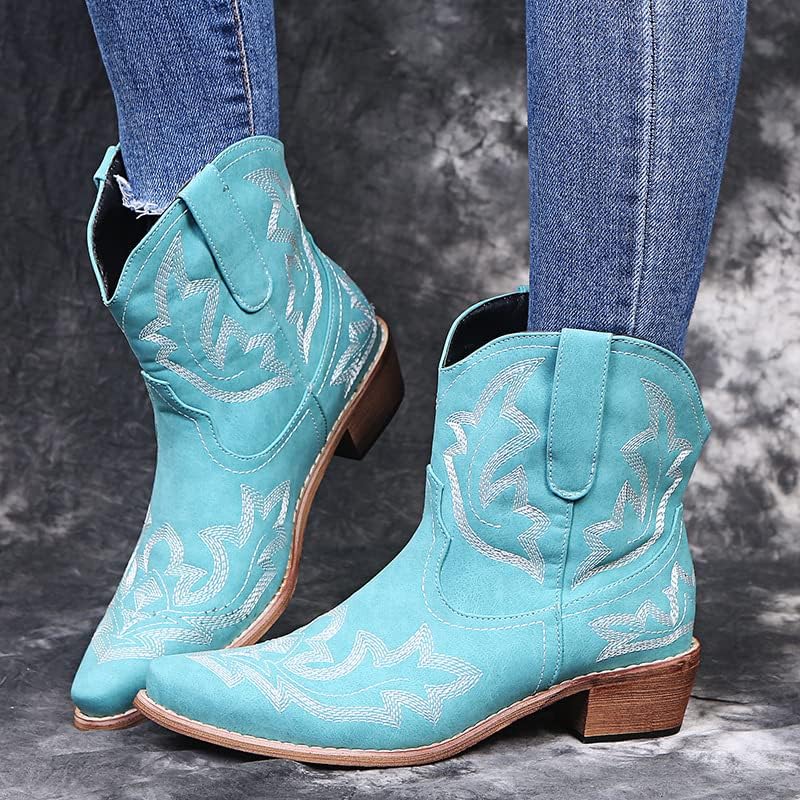 SACFOF Cowboy Boots for Women Booties Ankle Cowgirl Western Boots Stitched Embroidered Pointed Toe Chunky Short Ankle Boots3