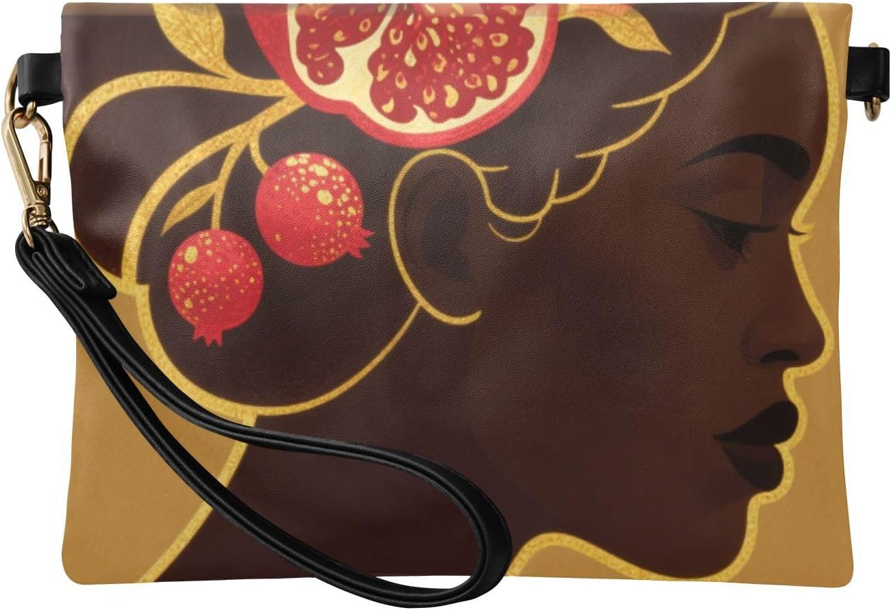 PU Leather Clutch Handbags for Women Anti-Theft Envelope Clutch Bag for Party Golden Lines African Beauty Fruits