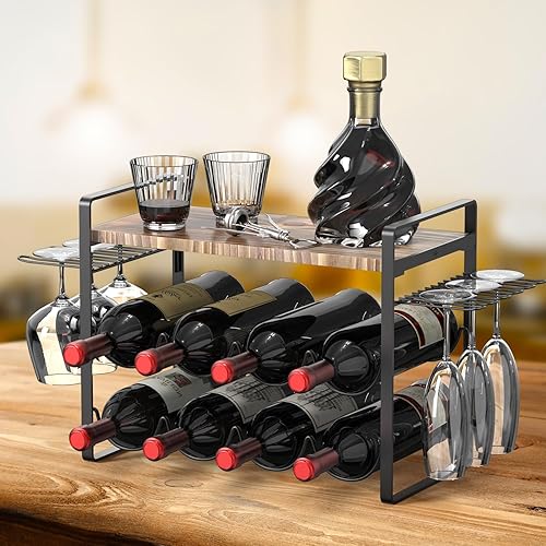 Miniatura 3 de Vohunt Estantes de vino para encimera con soporte para vidrio, estante de vino de 2 niveles y organizador de vidrio con encimera, capacidad para 8