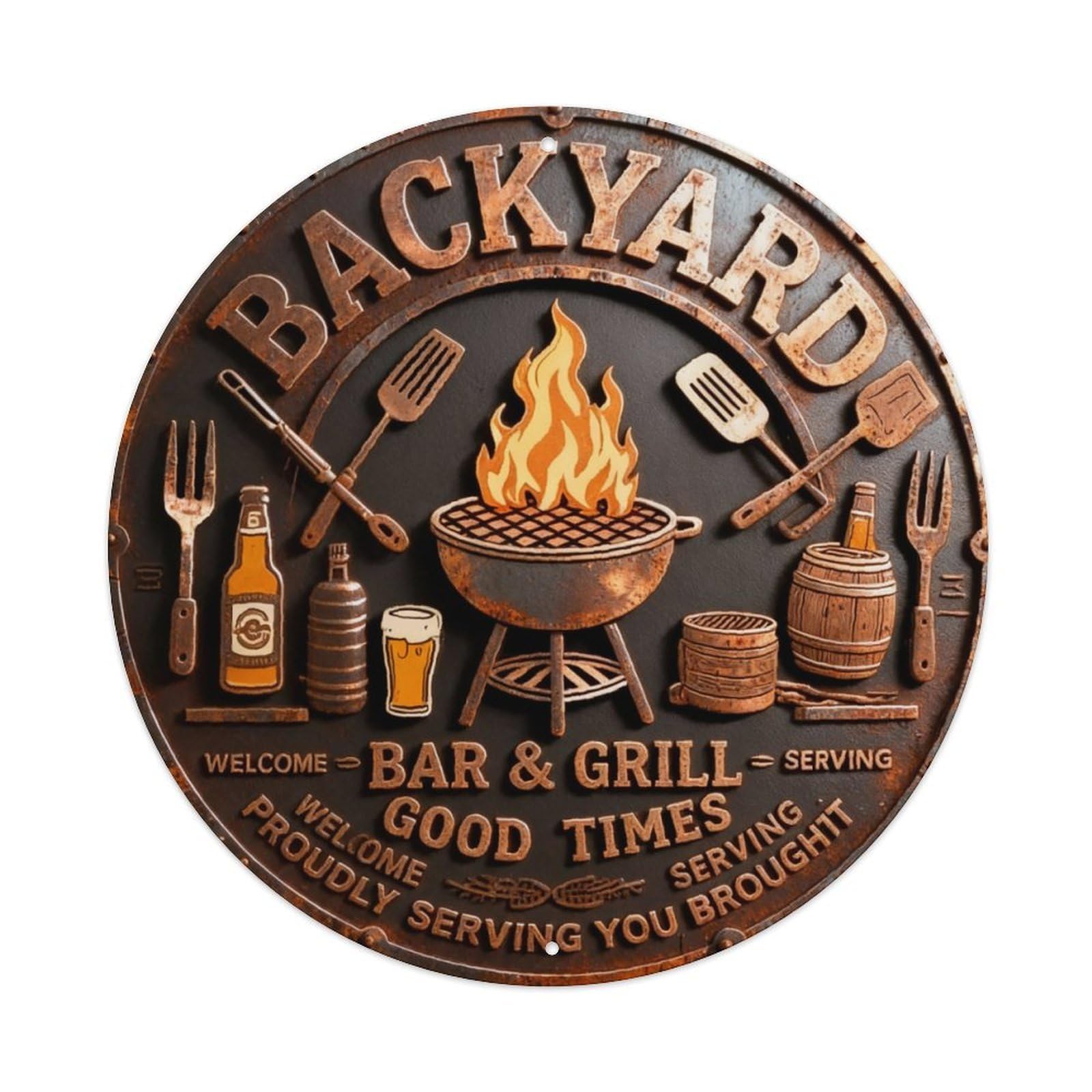Ldfuieksufg Style Backyard Bar & Grill Rust Embossed Round Wall Sign Vintage Aluminium Metal Sign, Retro Wall Decor For Home, Bar, Garage & Farmhouse 20X20cm