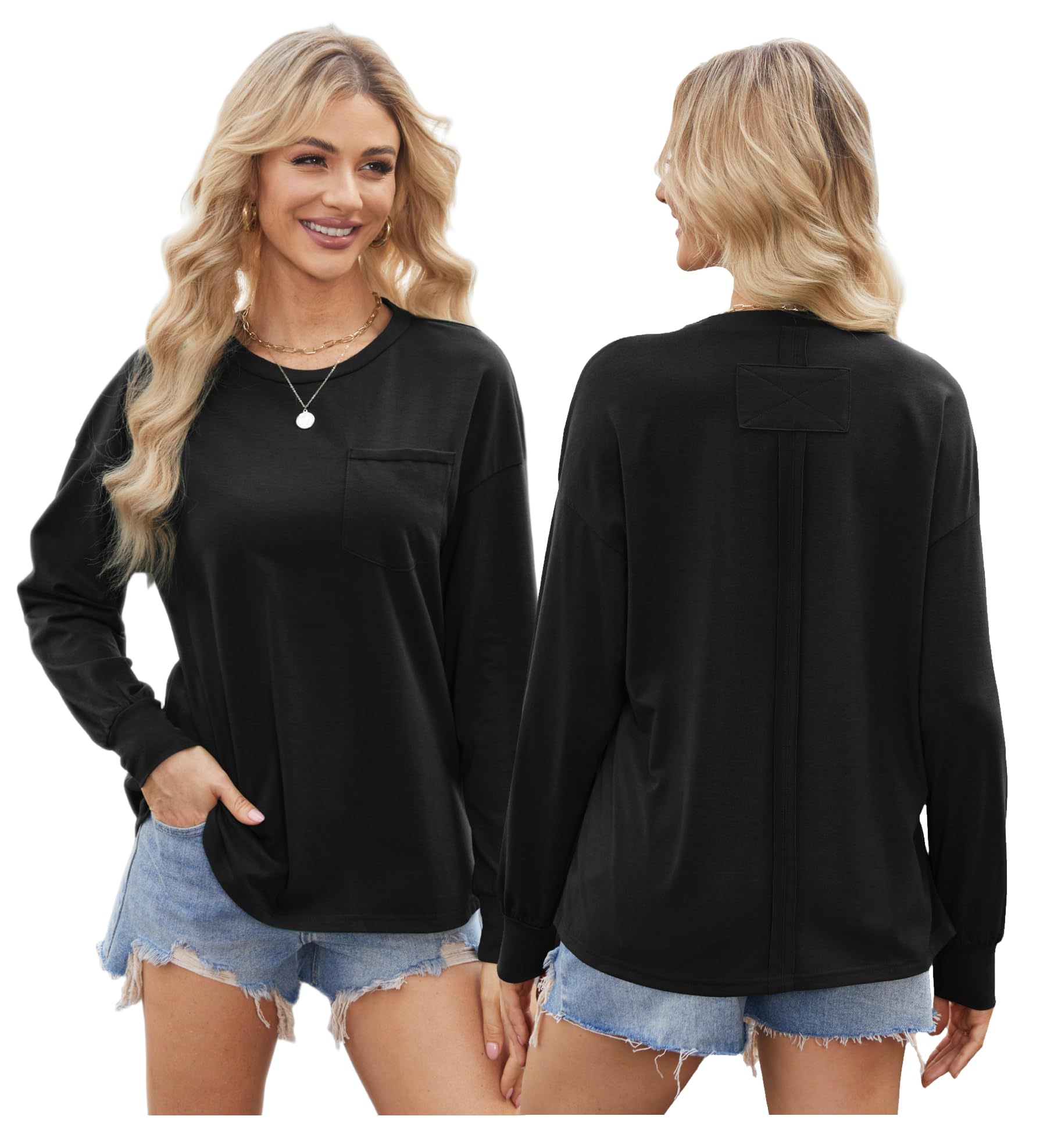 Womens Long Sleeve with Pocket Shirts Casual Fall Trendy Clothes Crewneck Tee Loose Fit Tops