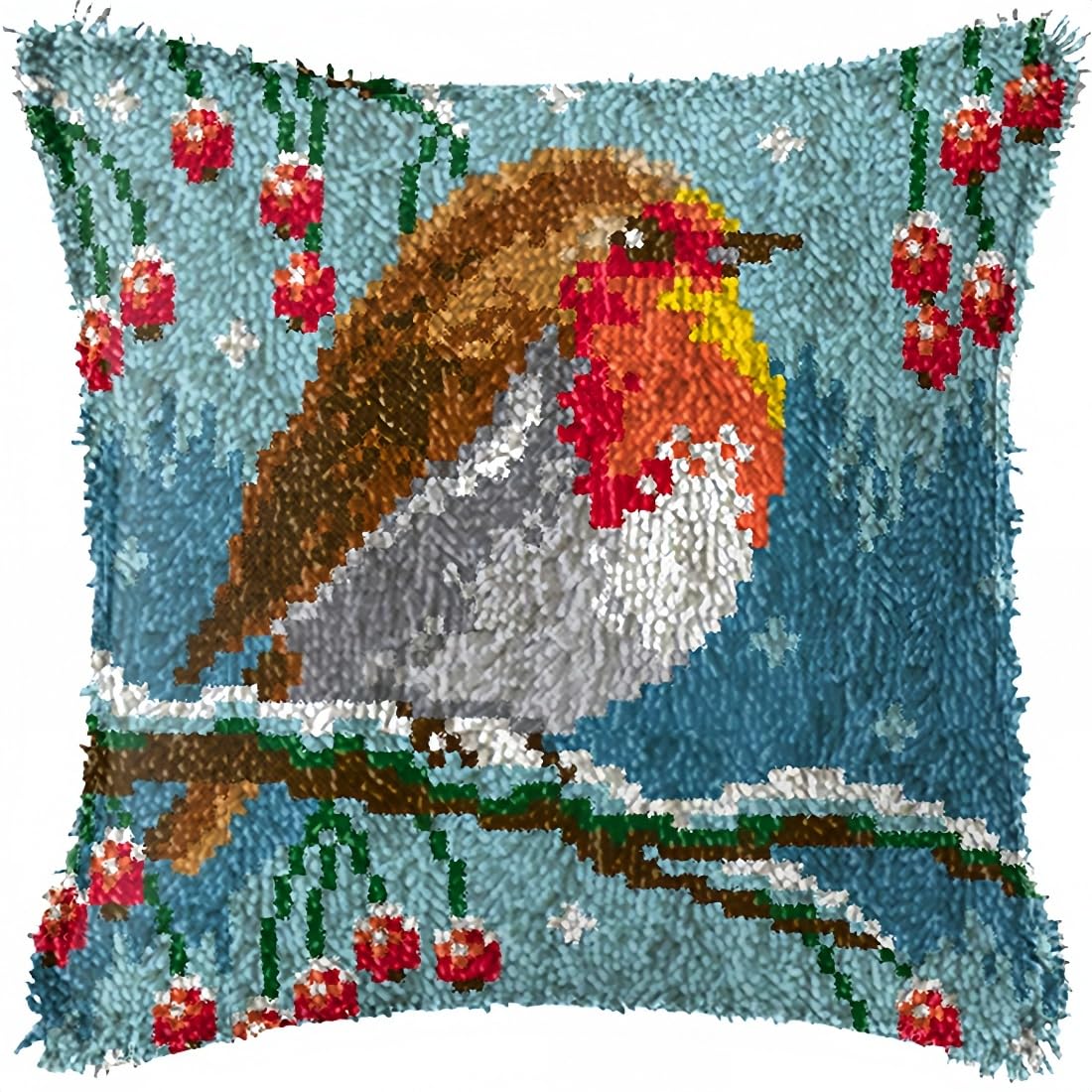 YEESAM ART Latch Hook Cushion Kits for Adults & Beginners, Robin Bird Redbreast Red Berries Snow Pre-Printed Latch Hooking Pillow Kit, DIY Embroidery Set Pillowcase for Home Sofa Decor Idea (Robin) — image 1